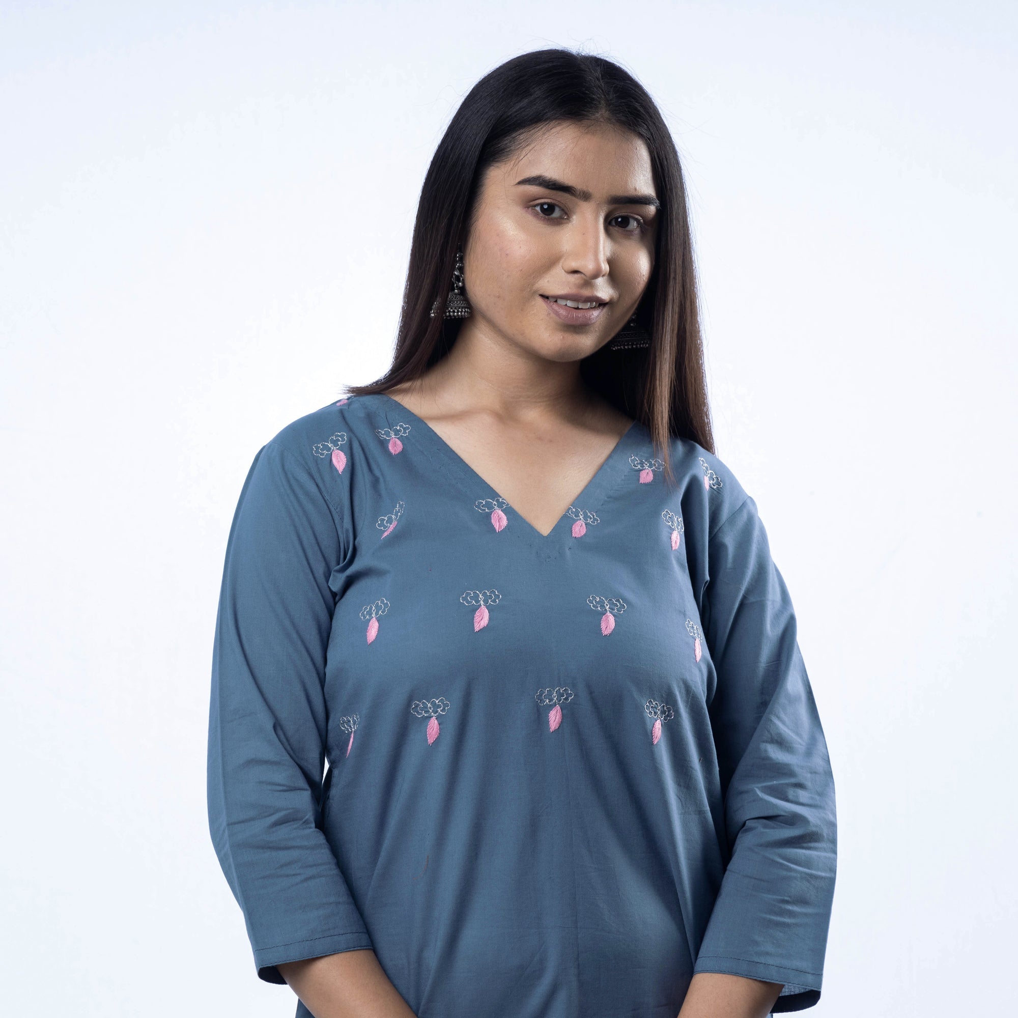 Blue - Hand Embroidered Powder Blue Cotton Long Straight Kurta