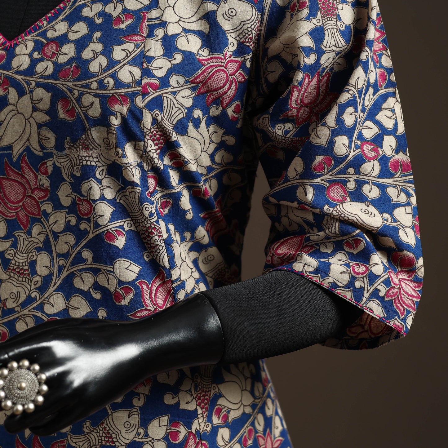 Hand embroidered printed cotton a-line kalamkari kurta