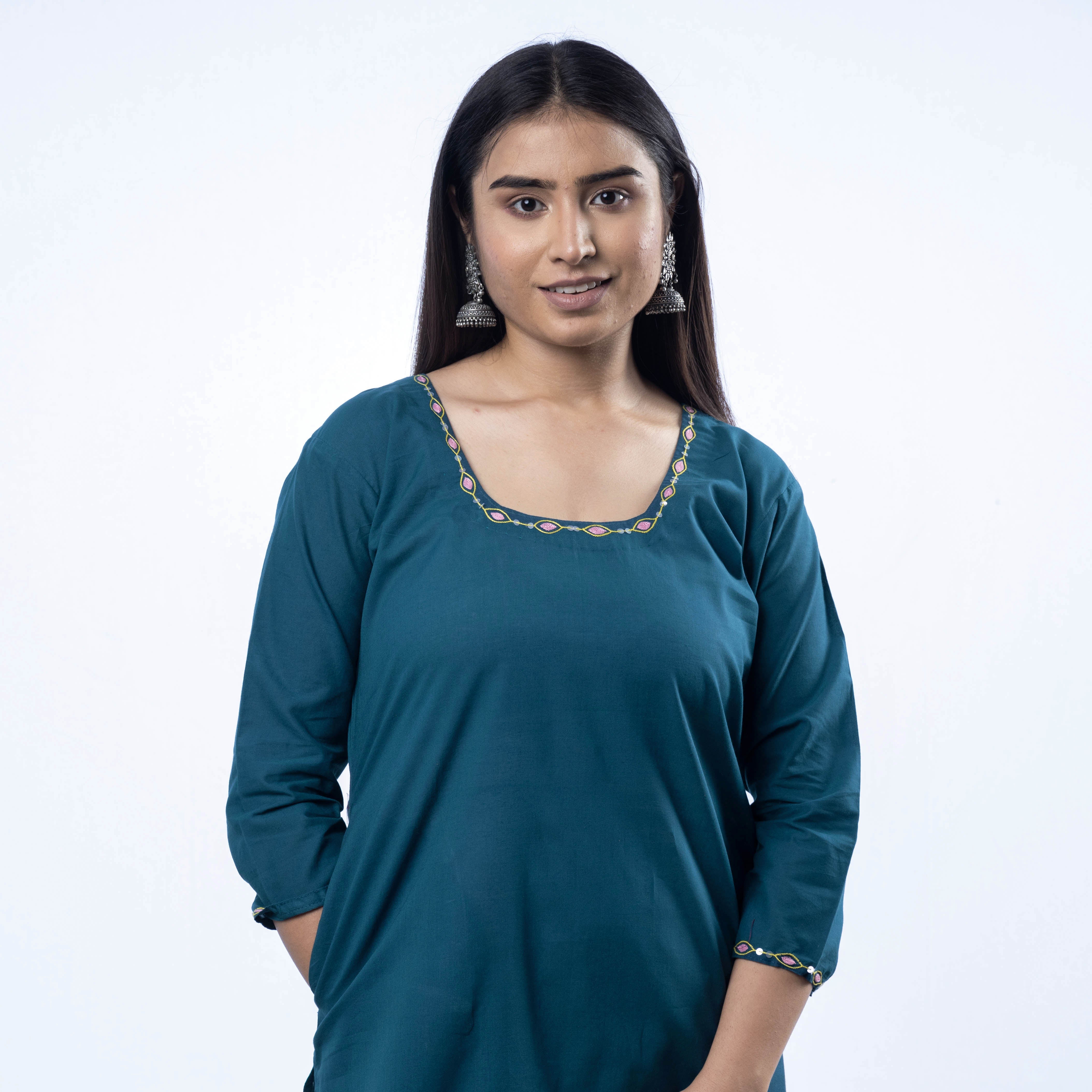 Blue - Hand Embroidered Turkish Blue Cotton Long Straight Kurta