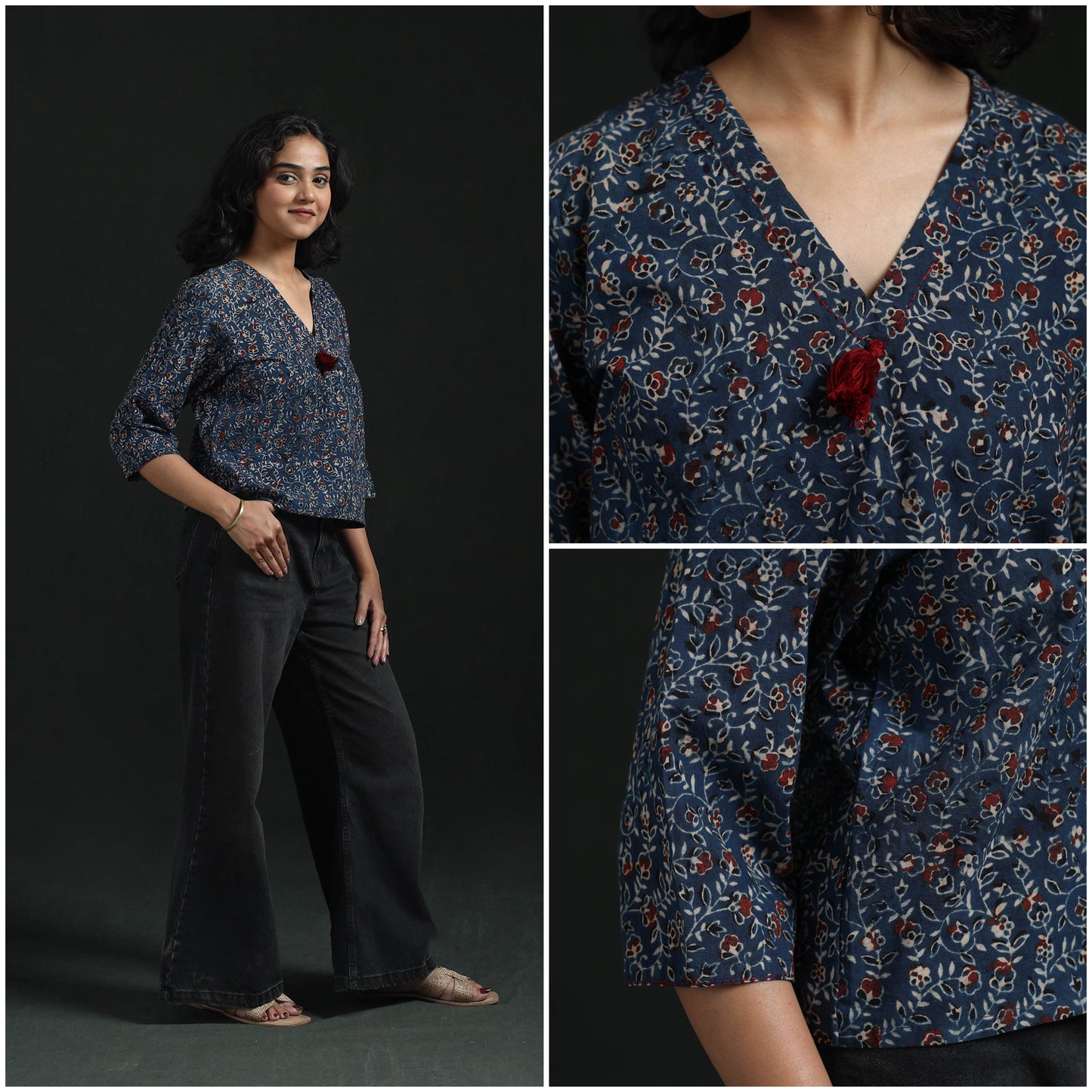 Hand embroidery block print cotton natural dyed ajrakh crop