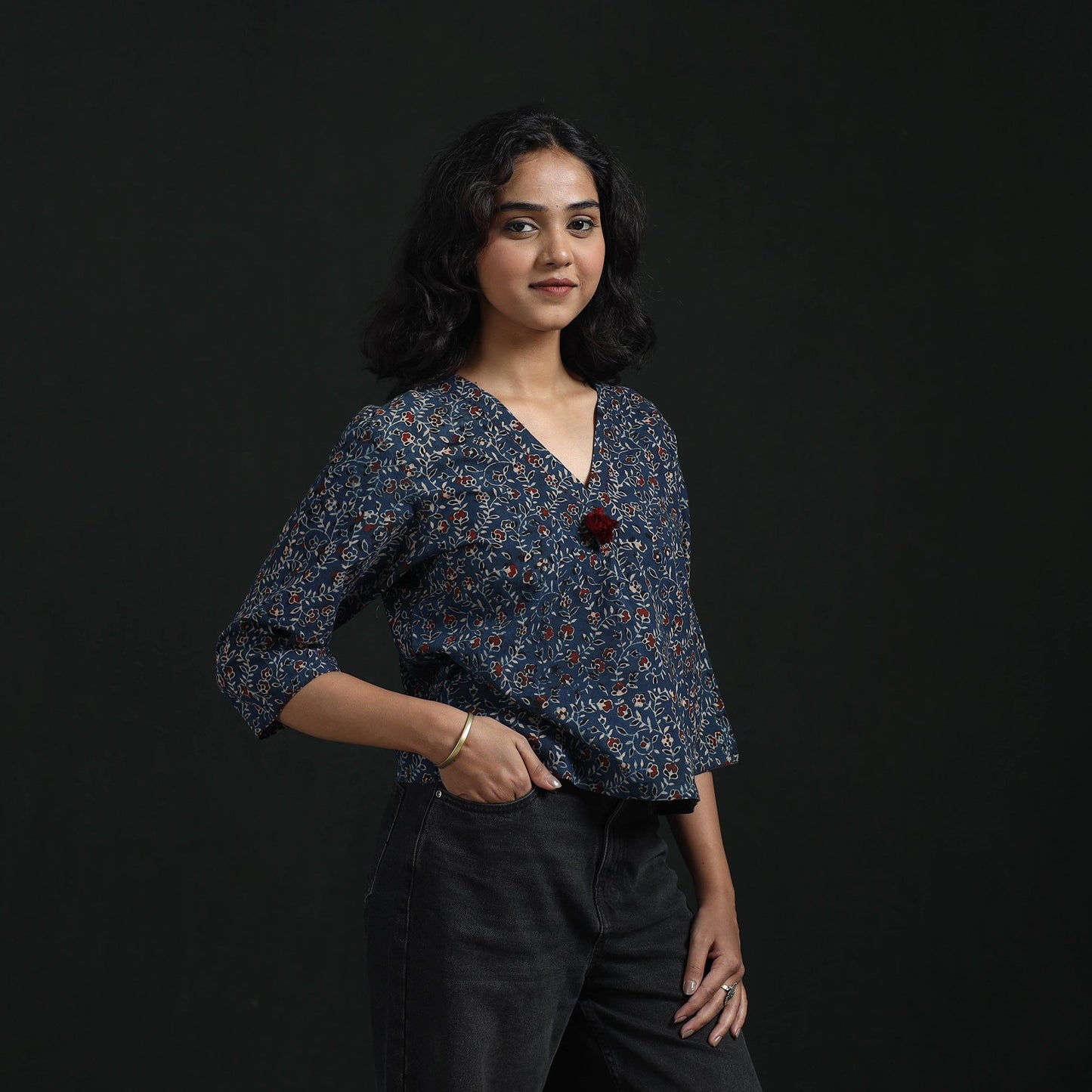Hand embroidery block print cotton natural dyed ajrakh crop