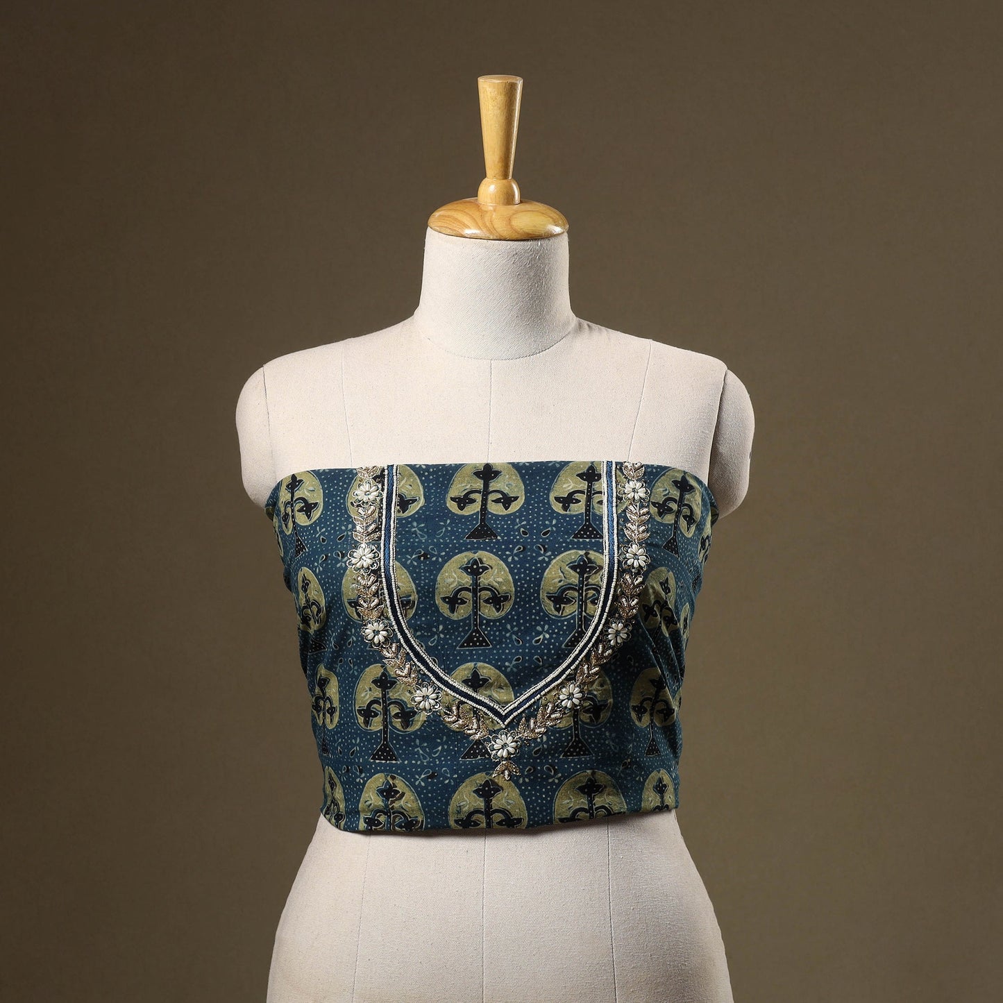 Blue - hand embroidery cotton blouse piece 03 - handcrafted