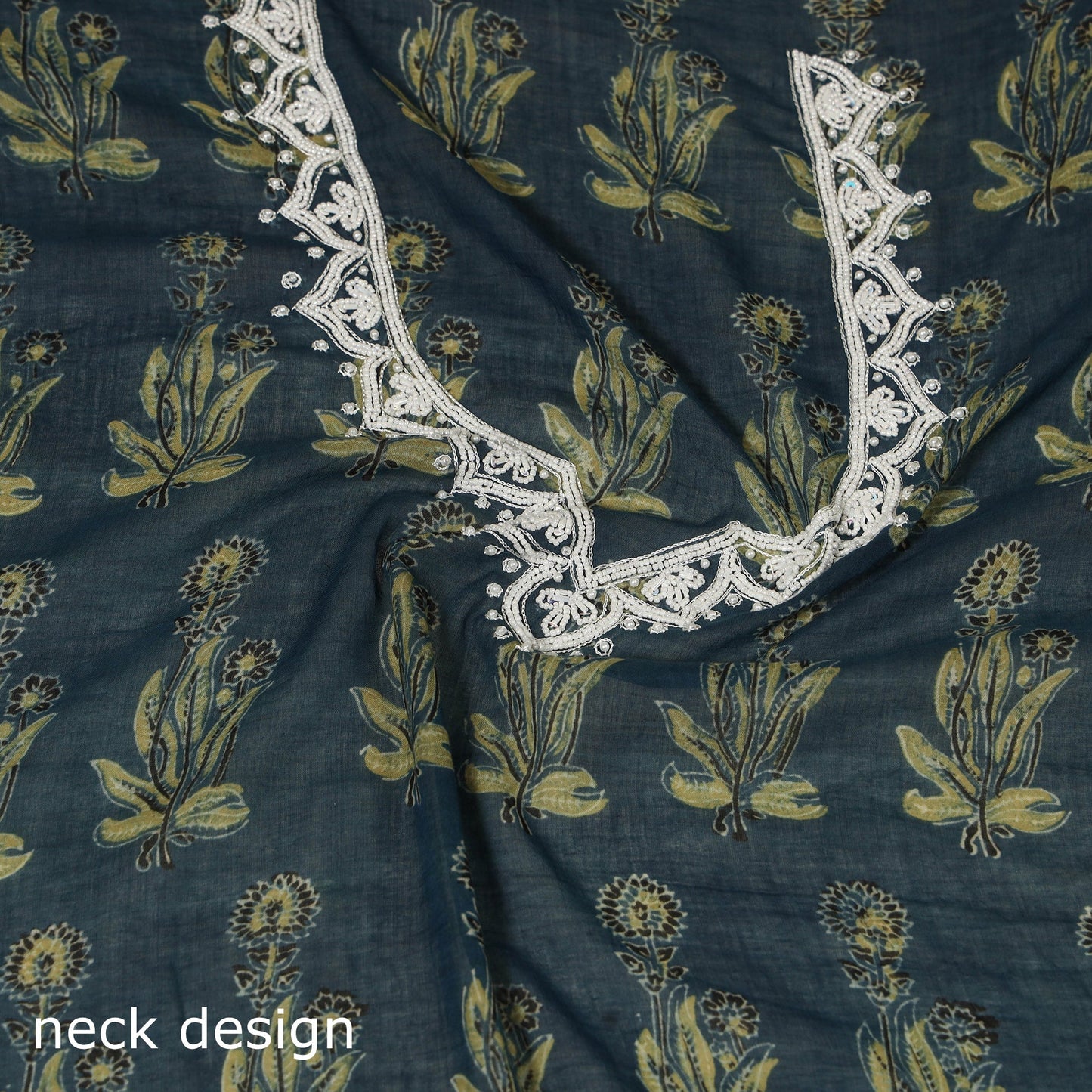 Blue Ajrakh Print Hand Embroidery Cotton Blouse Piece