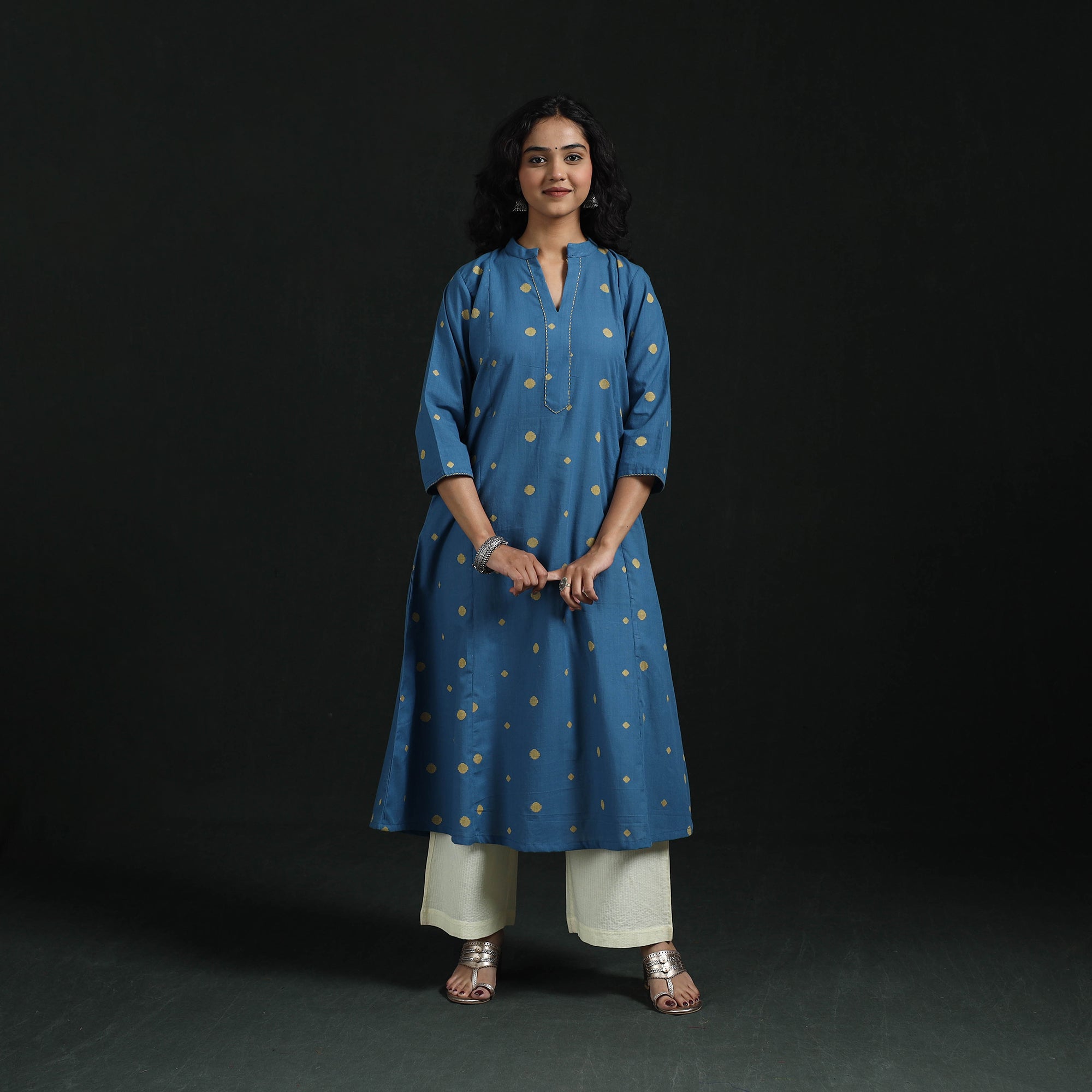Blue - Hand Embroidered A-Line Cotton Jacquard Long Kurta for women 12