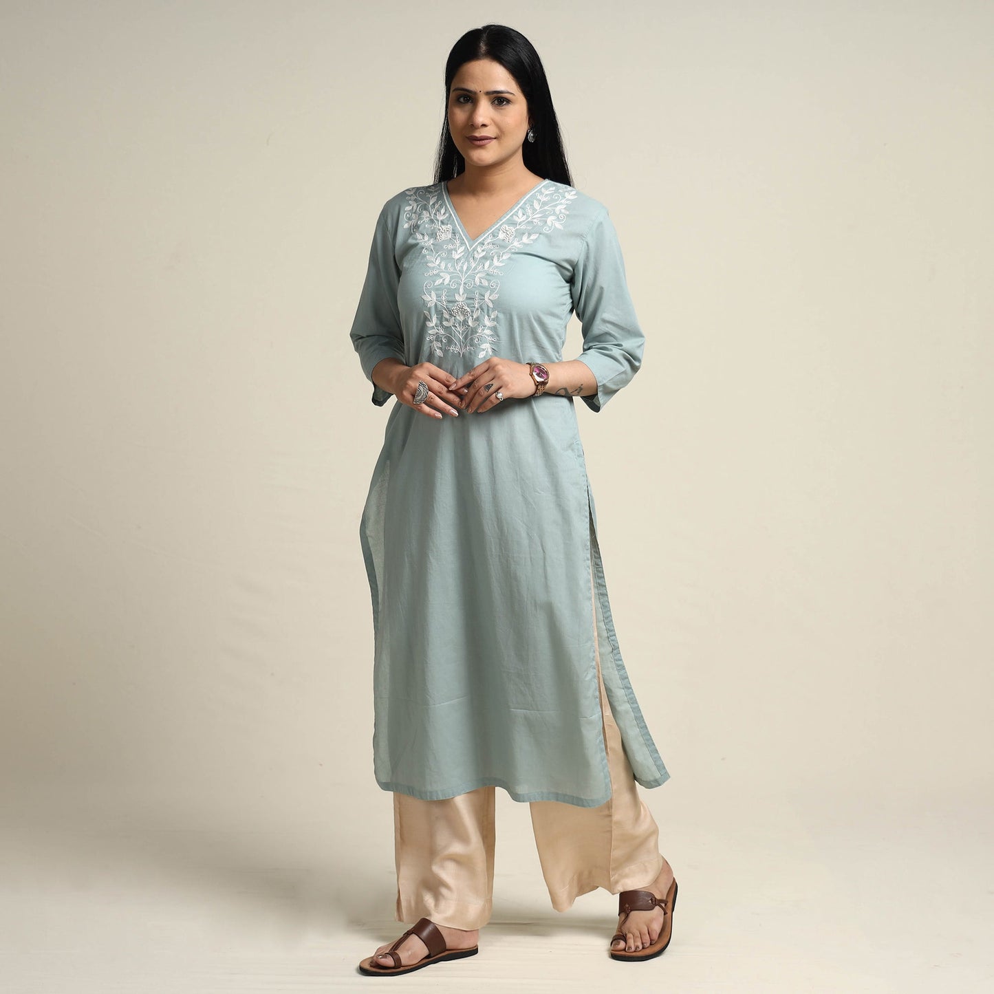 Plain Dyed Hand Embroidery Cotton Long Kurta Online at iTokri.com