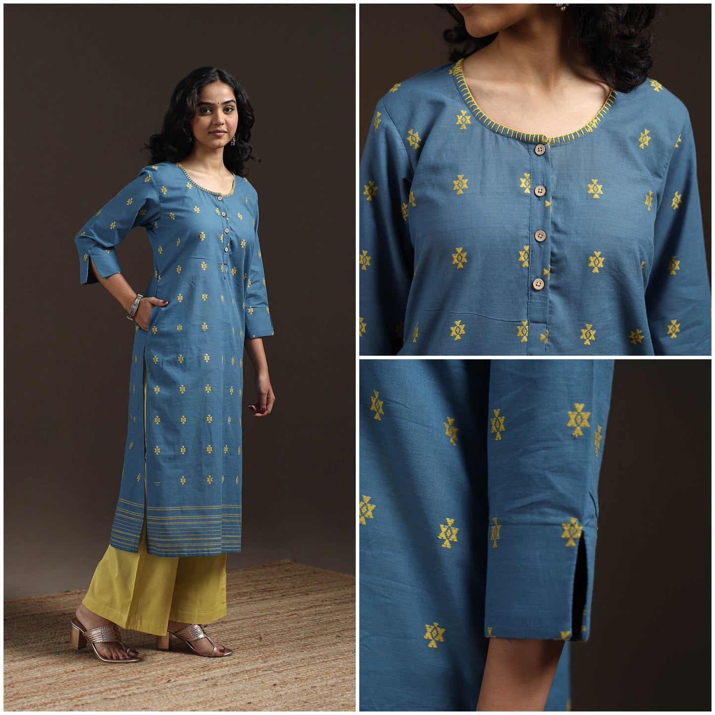 Hand embroidery straight cotton jacquard kurta for women 14