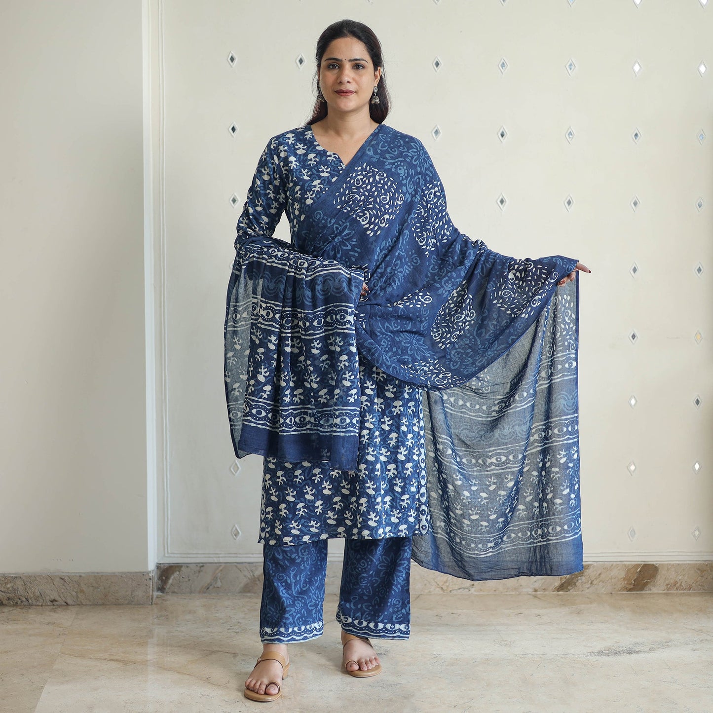 Buy Indigo Bagru Hand Block Print Kurta, Palazzo & Dupatta Set