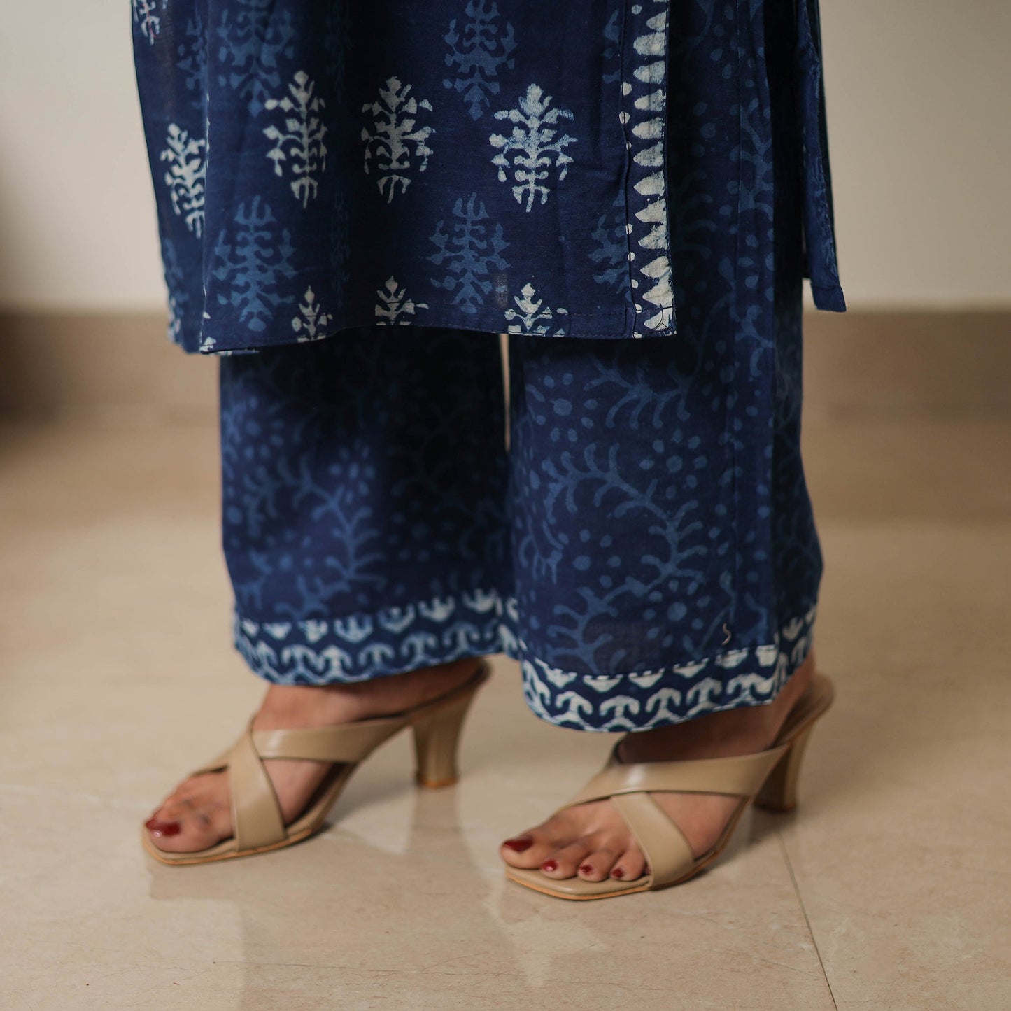 Indigo Bagru Hand Block Print Kurta, Palazzo & Dupatta Set