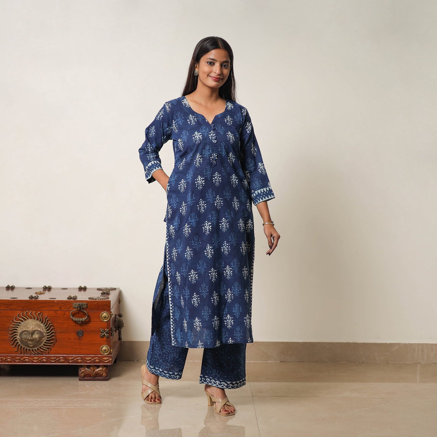 Indigo Bagru Hand Block Print Kurta, Palazzo & Dupatta Set