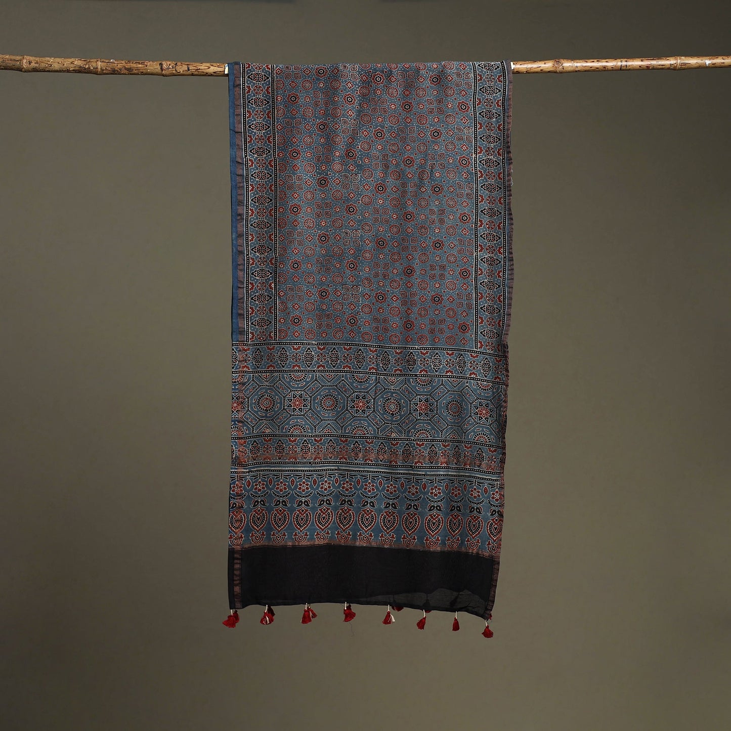 Hand natural dyed chanderi silk stole with tassels 07