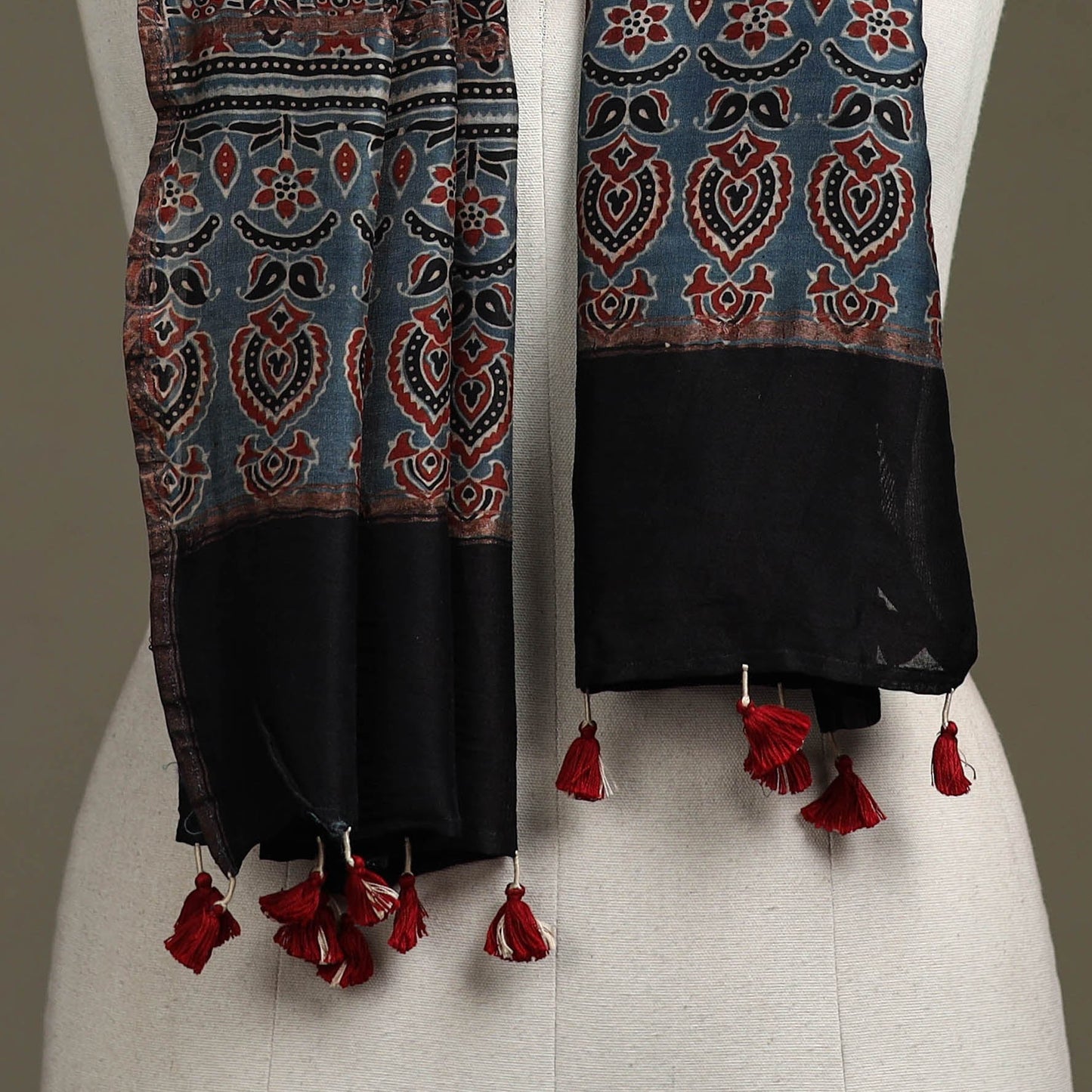 Hand natural dyed chanderi silk stole with tassels 07