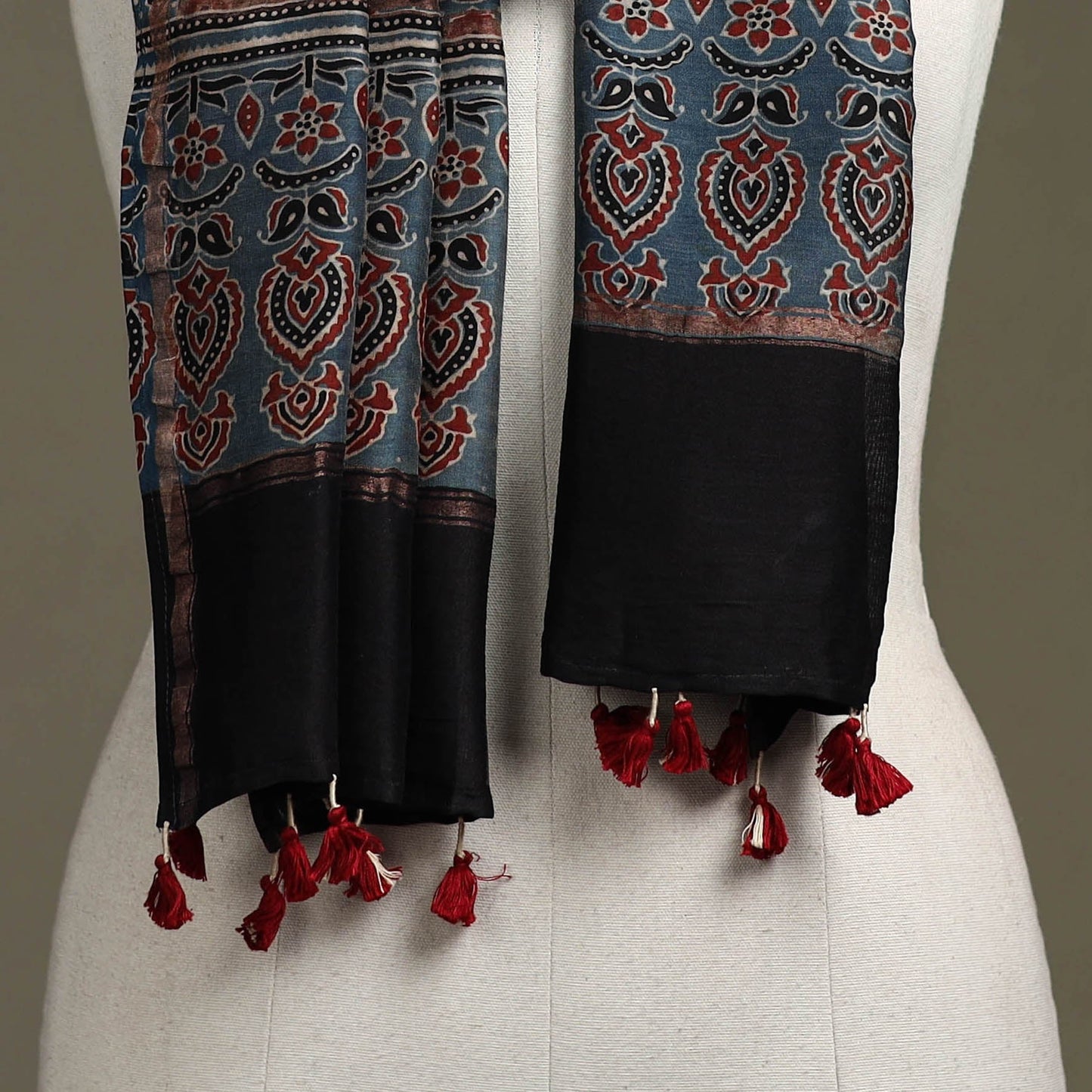 Hand natural dyed chanderi silk stole with tassels 08