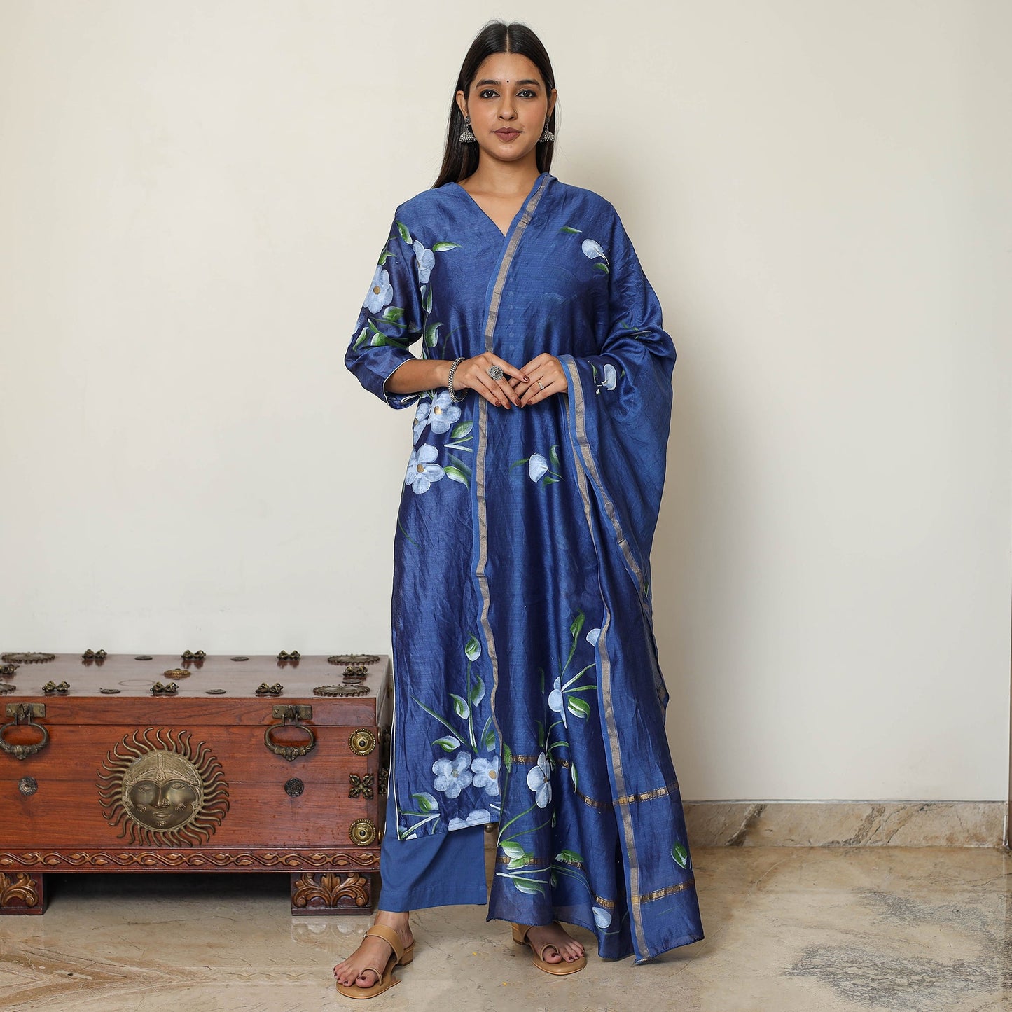 Buy Hand Painted Chanderi Silk Kurta with Palazzo & Dupatta Set 05 Online at iTokri.com