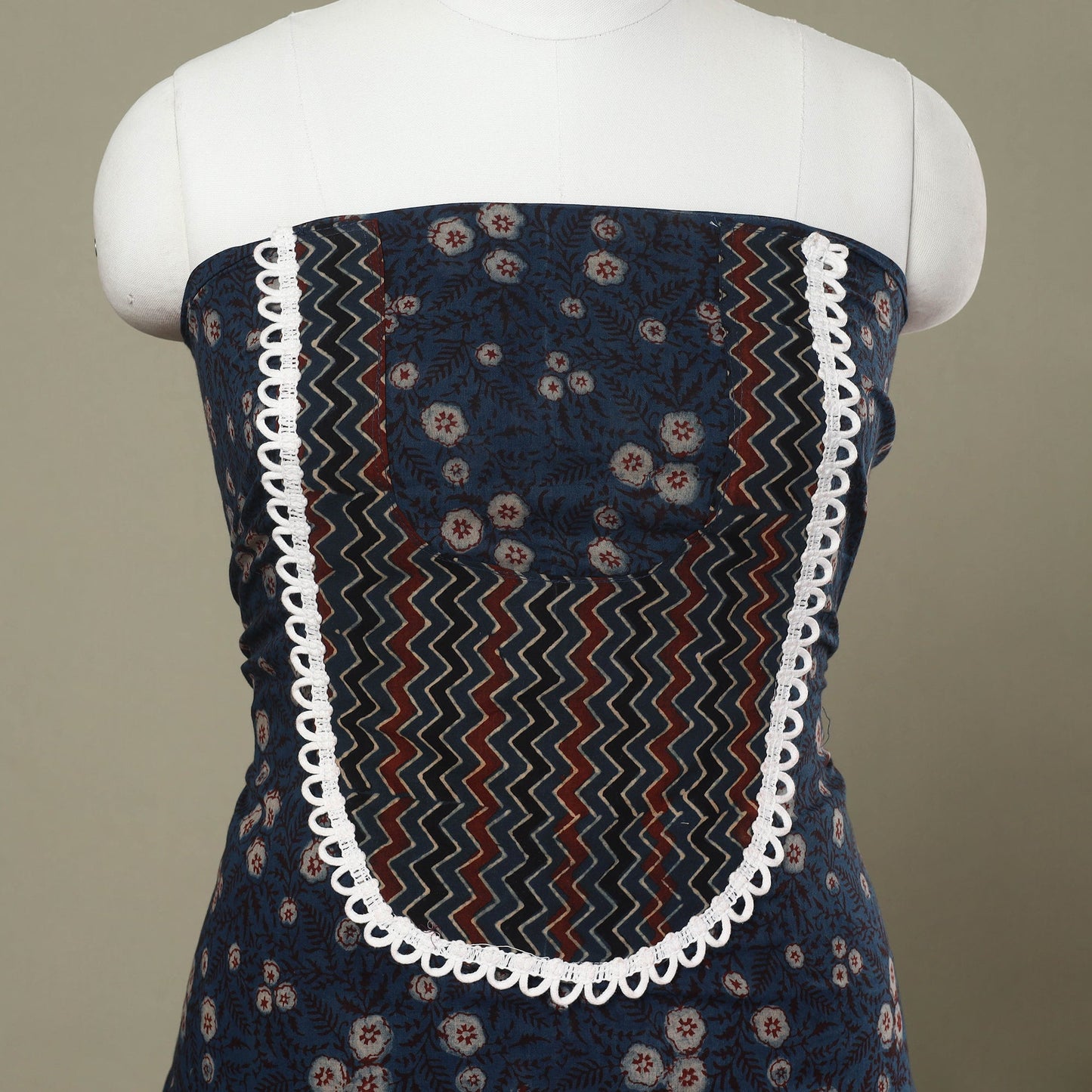 Blue Hand Block Print Patchwork Cotton Kurta Material