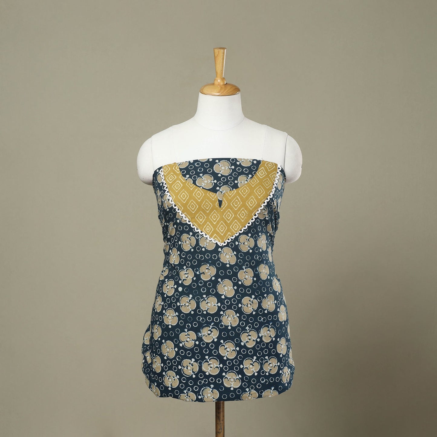 Blue Hand Block Print Patchwork Cotton Kurta Material
