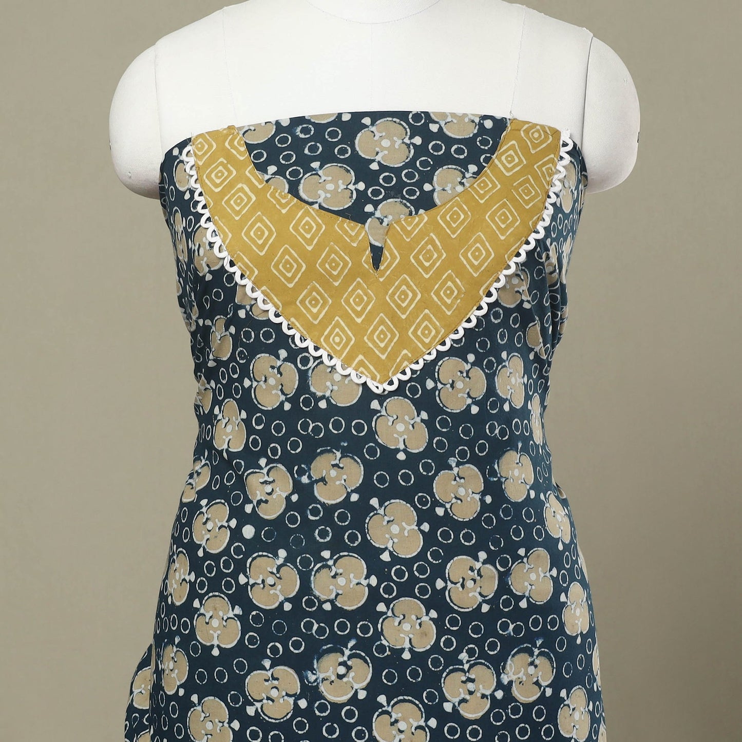 Blue Hand Block Print Patchwork Cotton Kurta Material