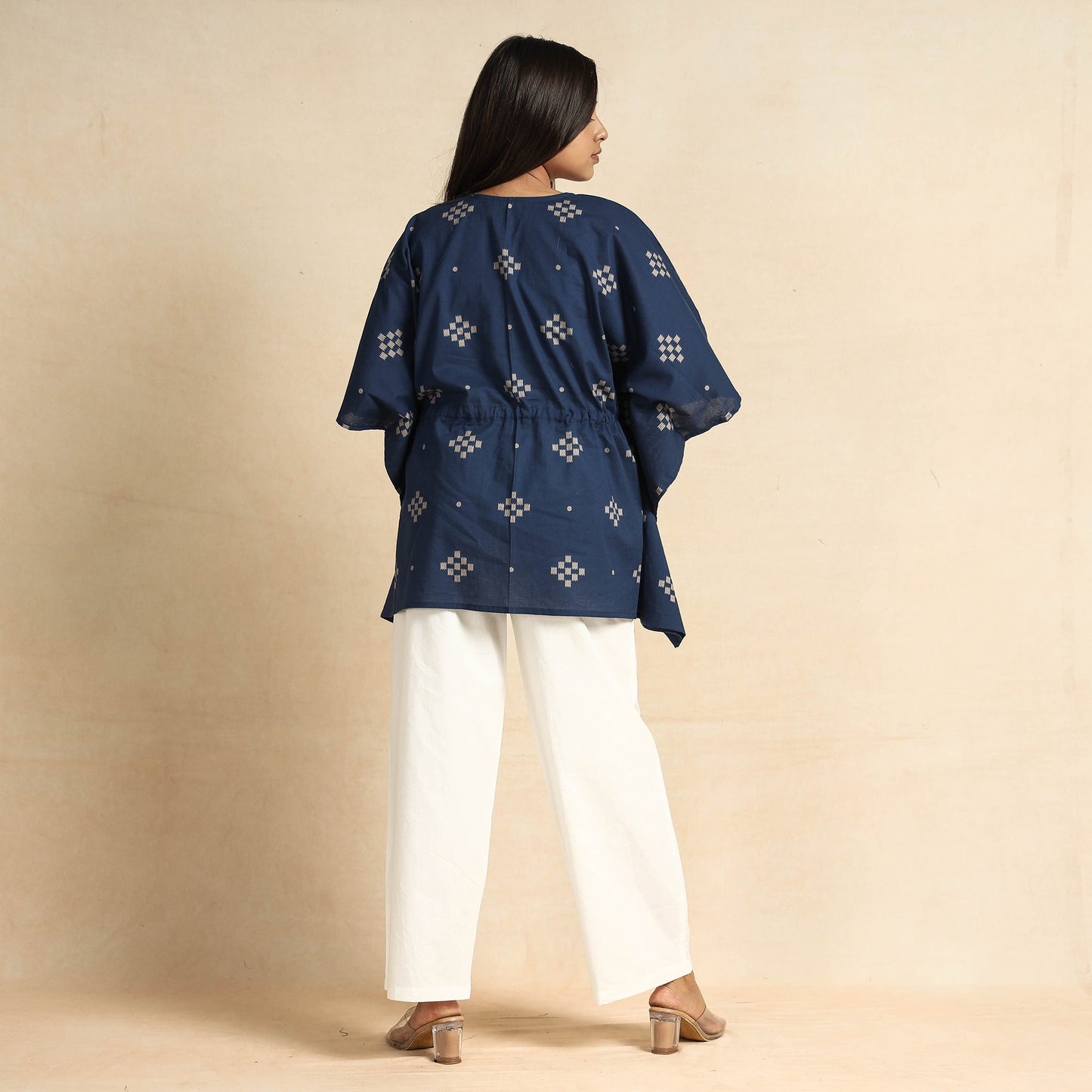 Blue Hand Printed Cotton Kaftan & Pyjama Night Suit Set