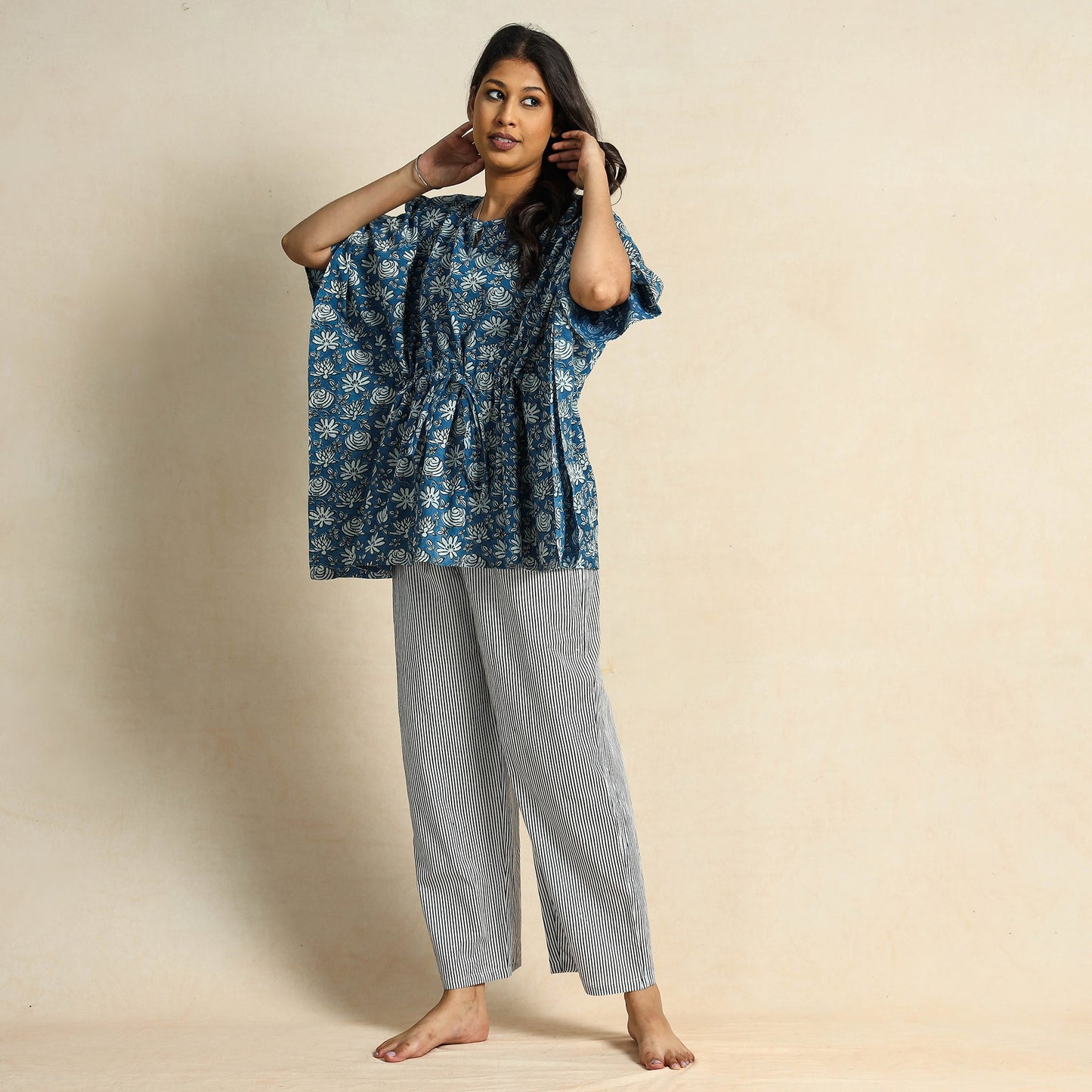 Blue Hand Block Printed Cotton Kaftan & Pyjama Night Suit Set