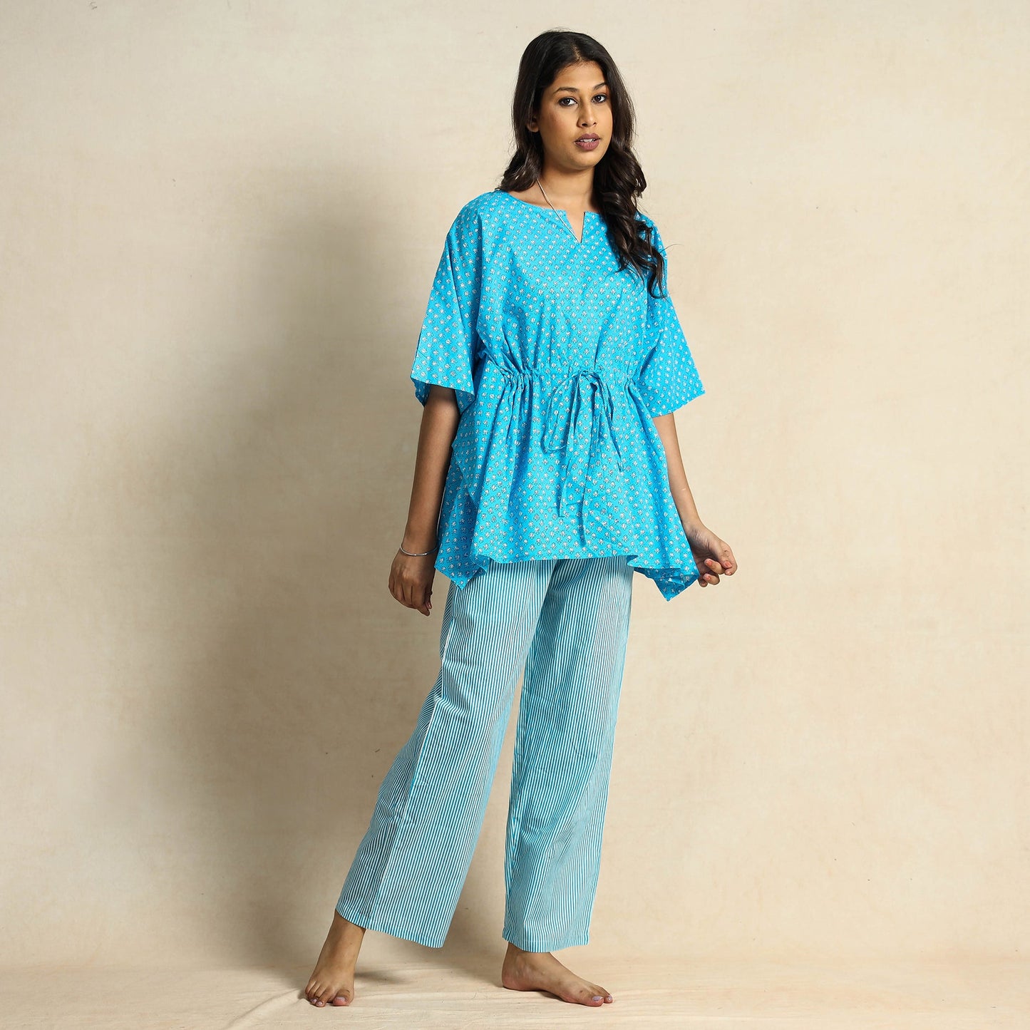 Hand Block Printed Cotton Kaftan & Pyjama Night Suit Set