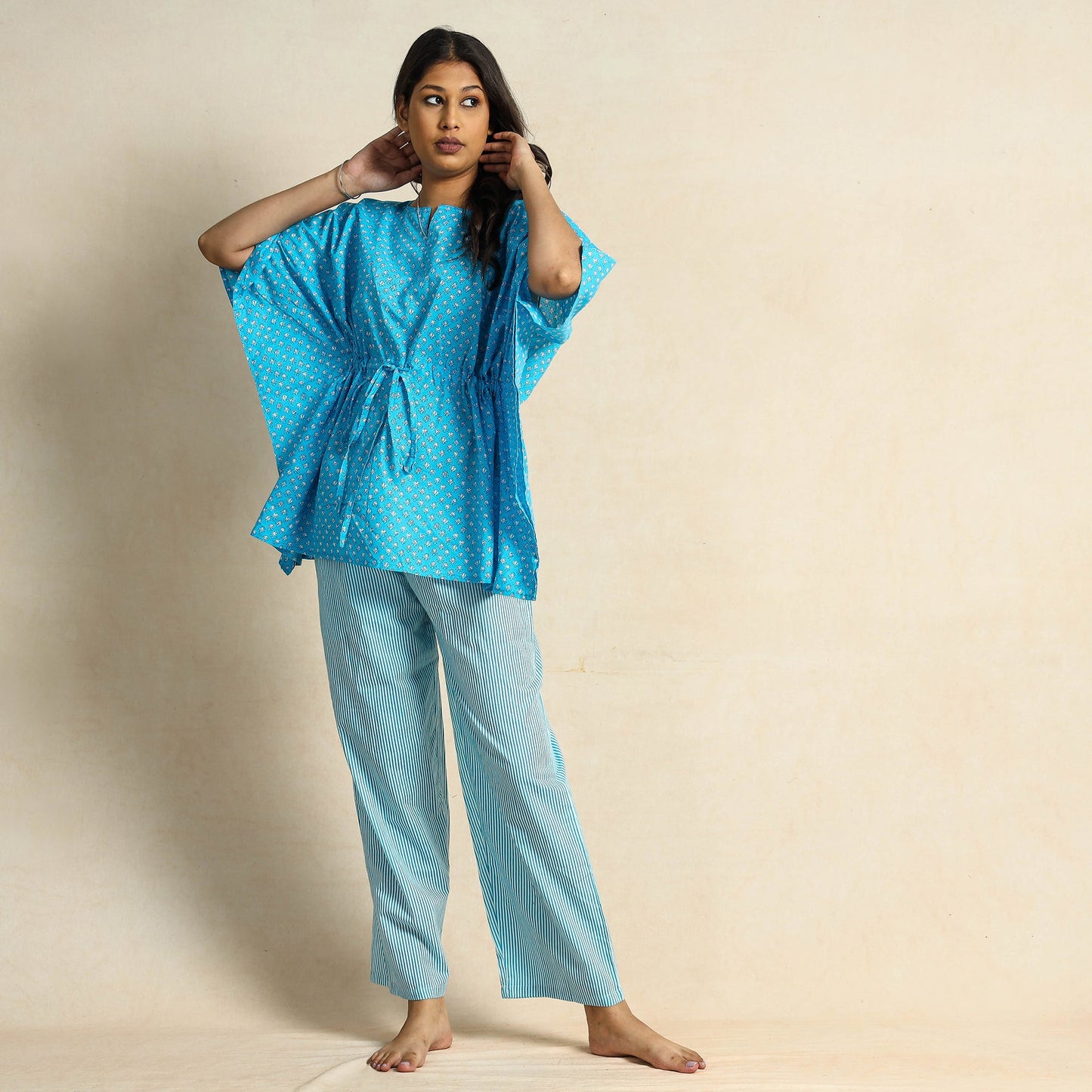 Hand Block Printed Cotton Kaftan & Pyjama Night Suit Set