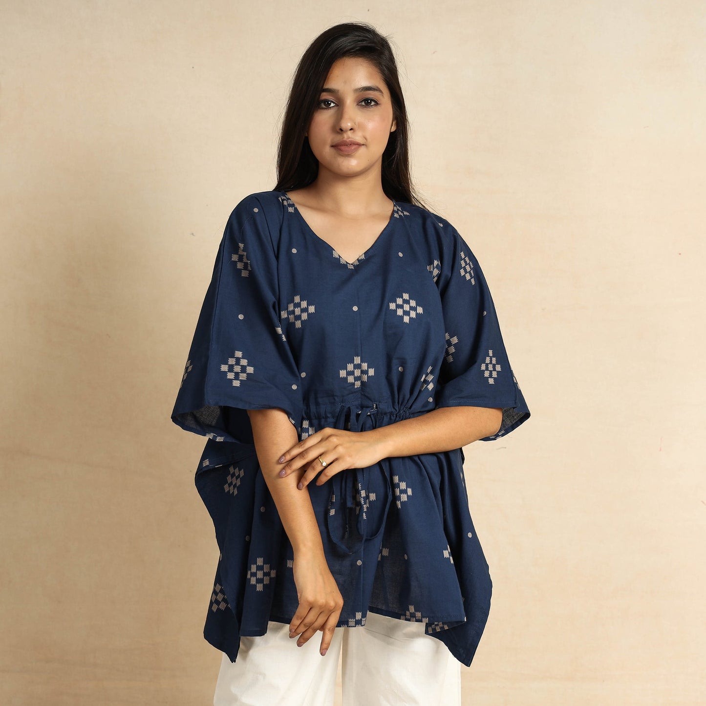 Blue Hand Printed Cotton Kaftan & Pyjama Night Suit Set