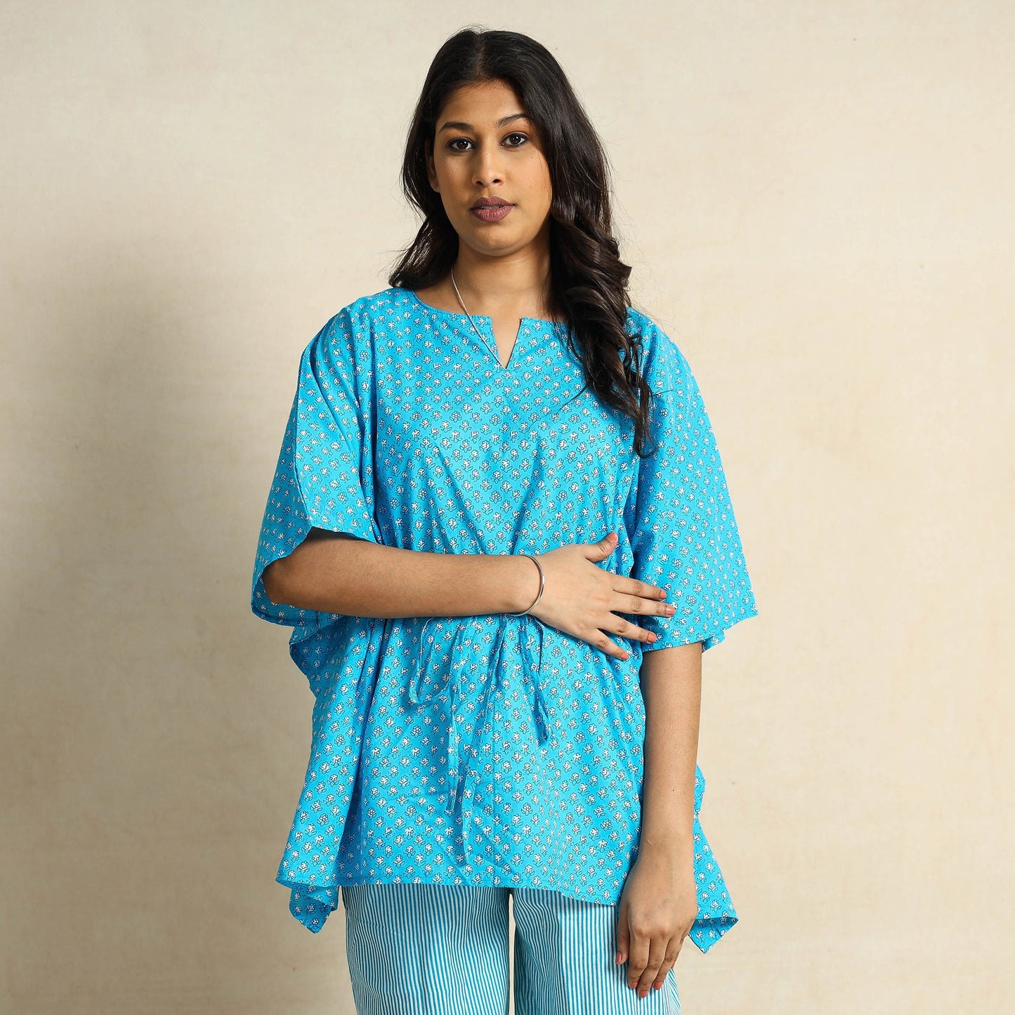 Hand Block Printed Cotton Kaftan & Pyjama Night Suit Set