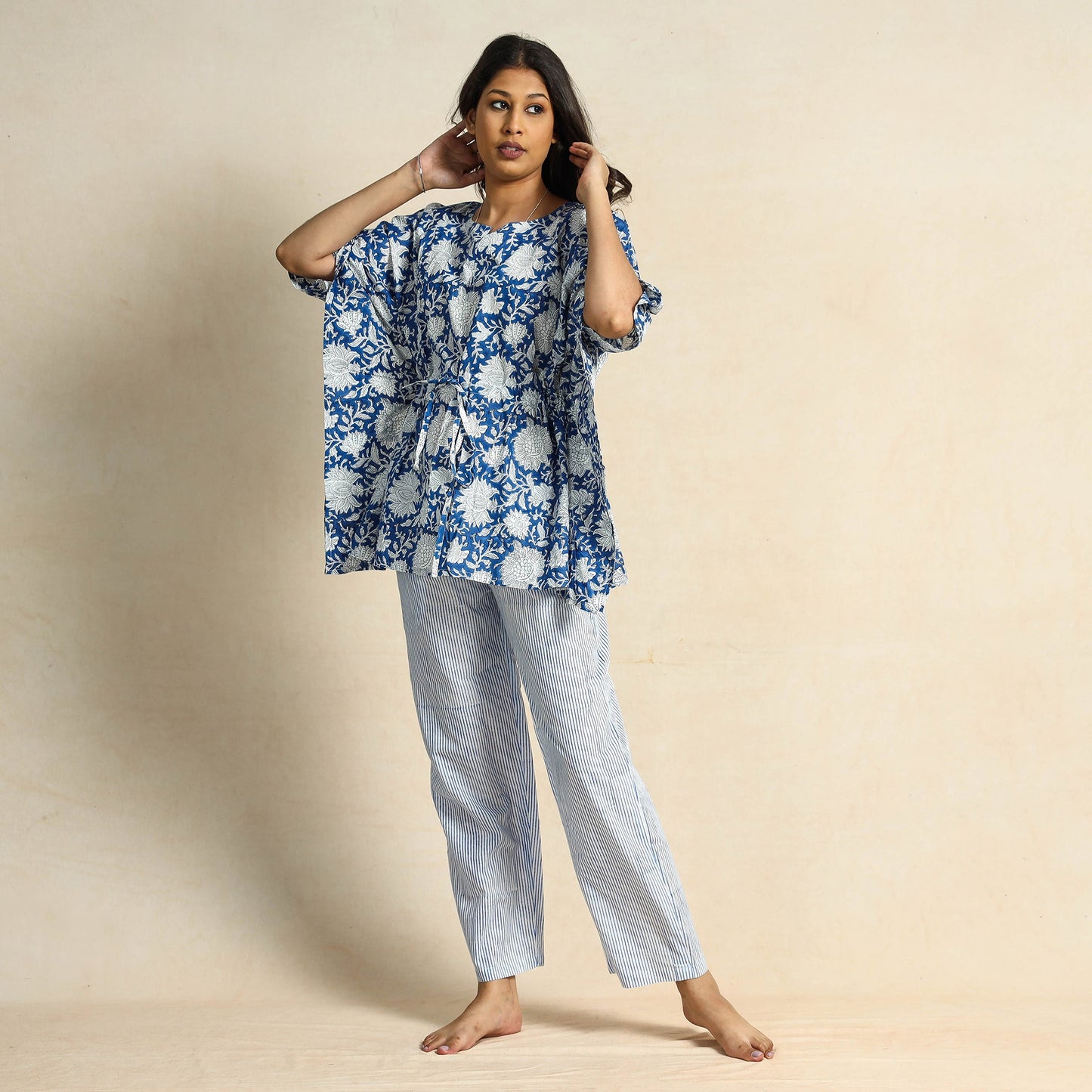 Blue Hand Block Printed Cotton Kaftan & Pyjama Night Suit Set