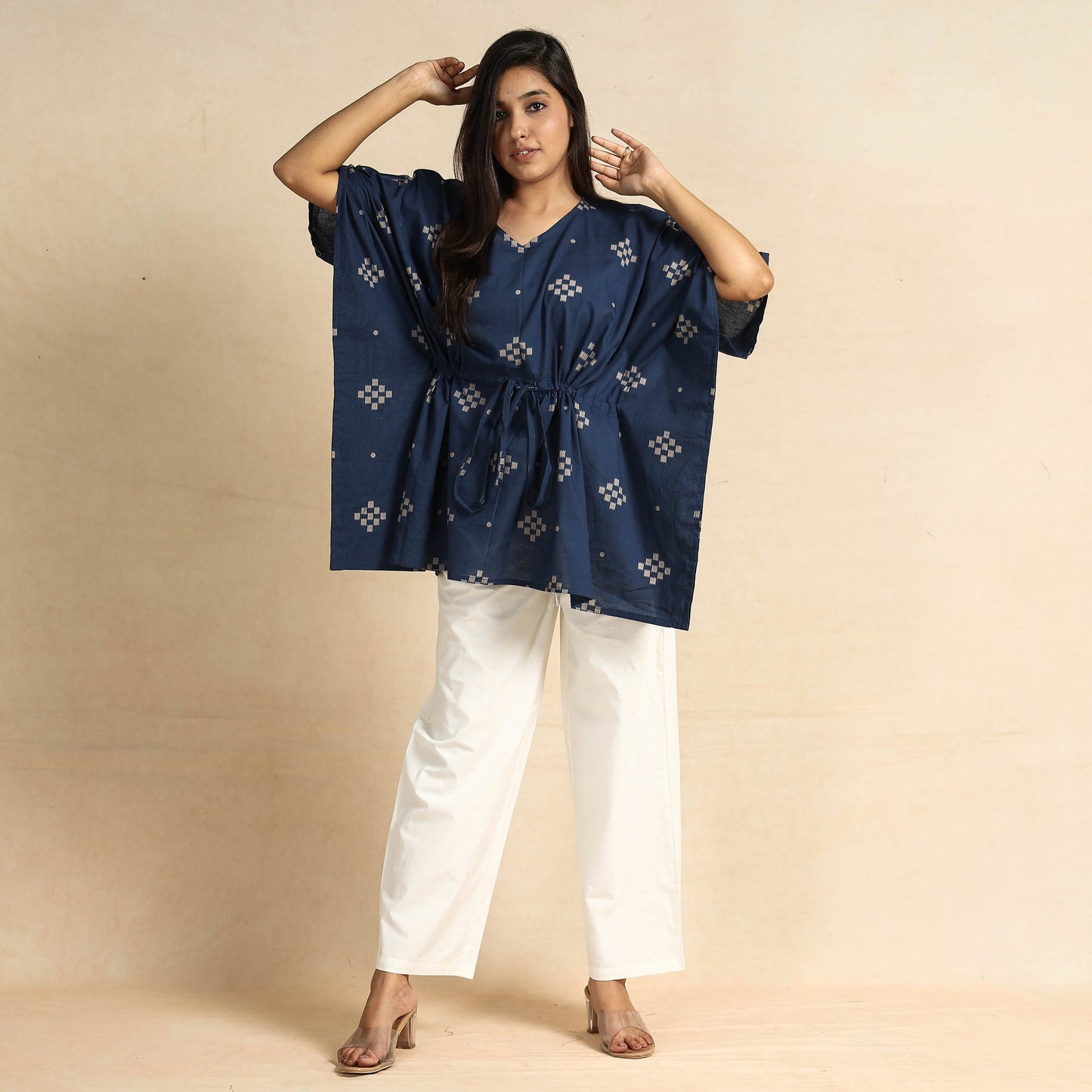 Blue Hand Printed Cotton Kaftan & Pyjama Night Suit Set