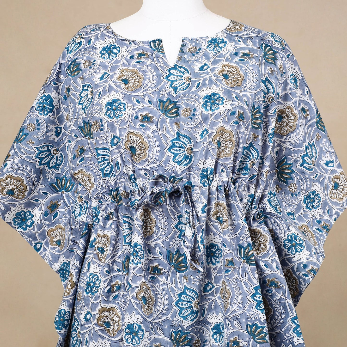 Hand Block Printed Cotton Kaftan with Tie-Up Waist