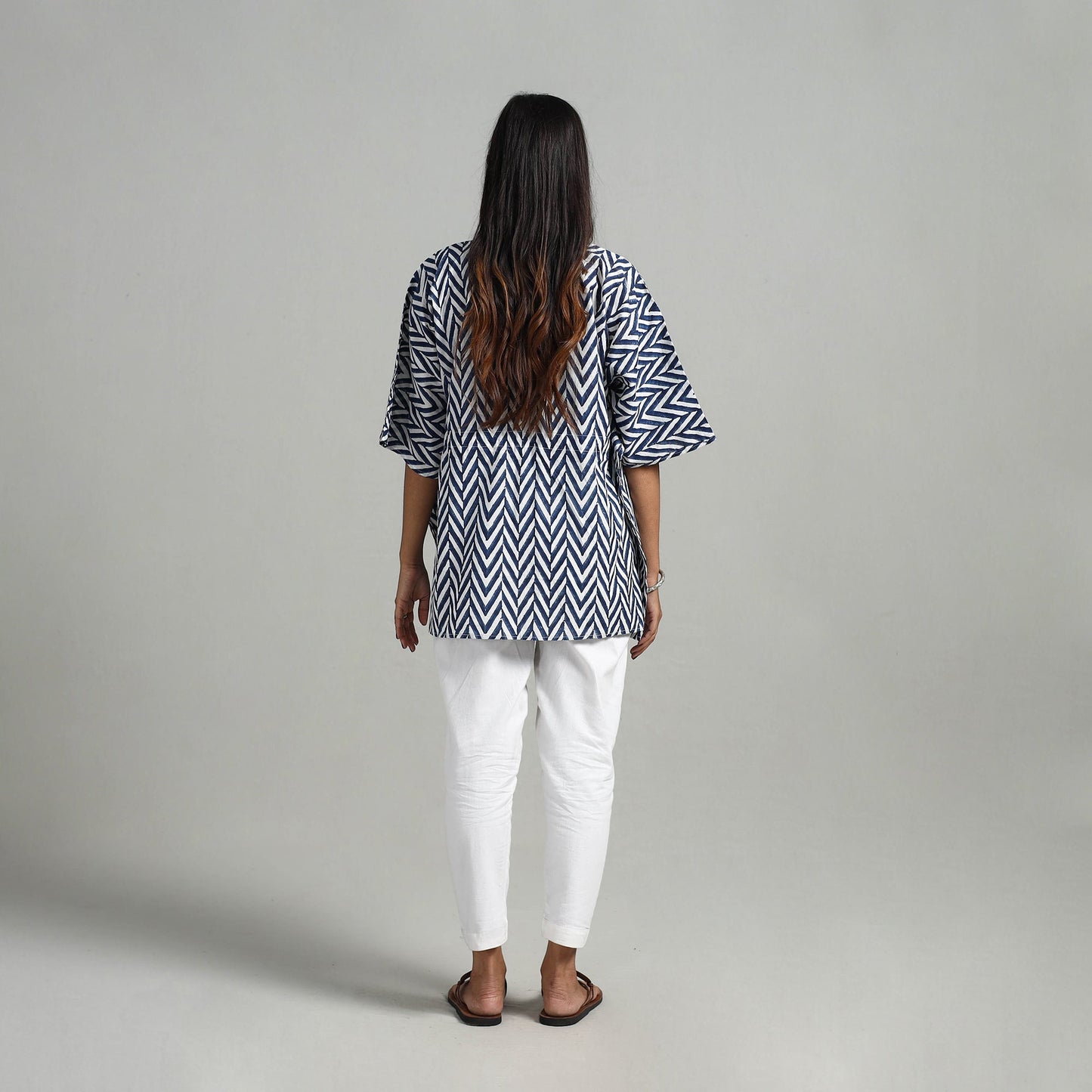 Blue Hand Printed Cotton Kaftan with Tie-Up Waist