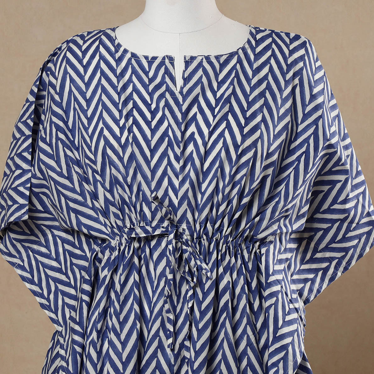 Blue - Hand Block Printed Cotton Kaftan with Tie-Up Waist (Short)