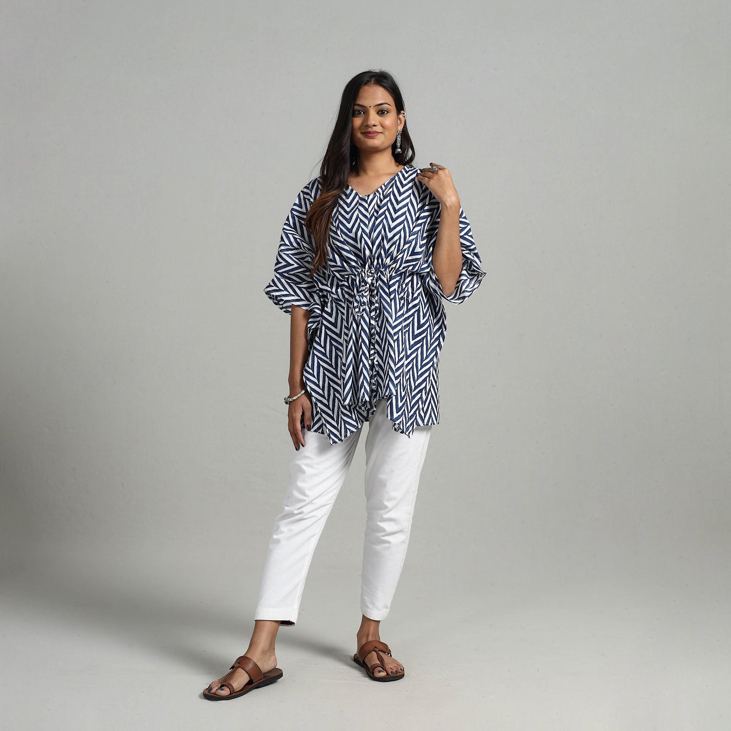 Blue Hand Printed Cotton Kaftan with Tie-Up Waist