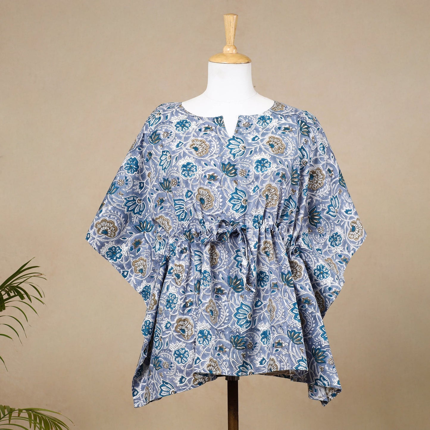 Hand Block Printed Cotton Kaftan with Tie-Up Waist