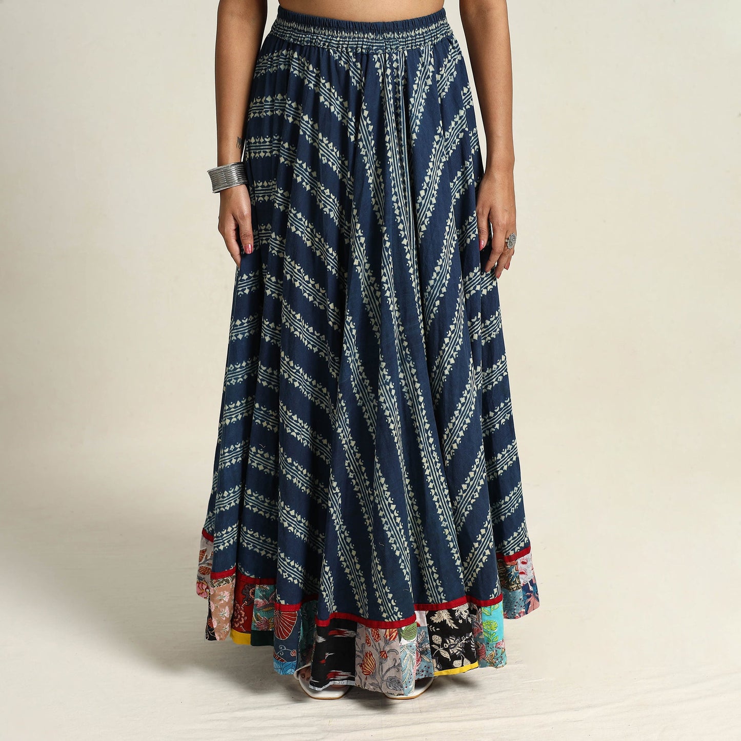 Blue - hand printed cotton long skirt 09 - handcrafted