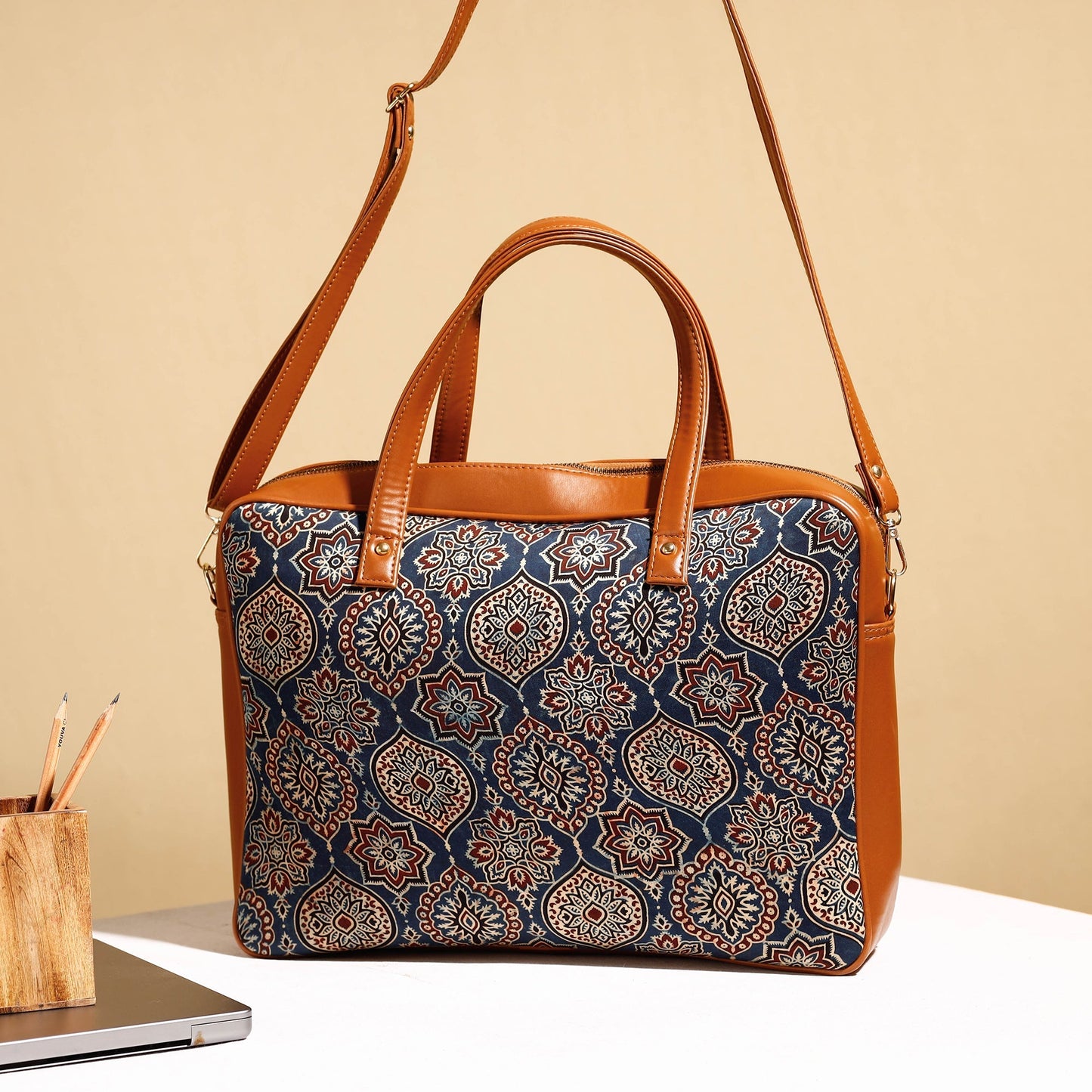 Handcrafted Ajrakh Block Printed Modal Silk Laptop Bag