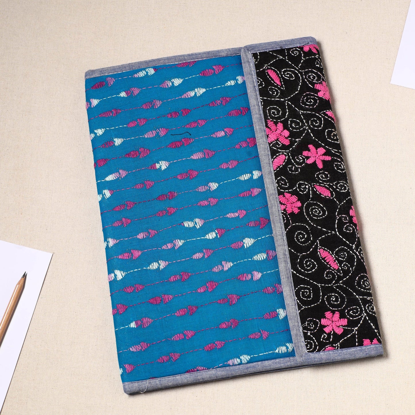 Blue Handcrafted Bengal Kantha Work File Folder