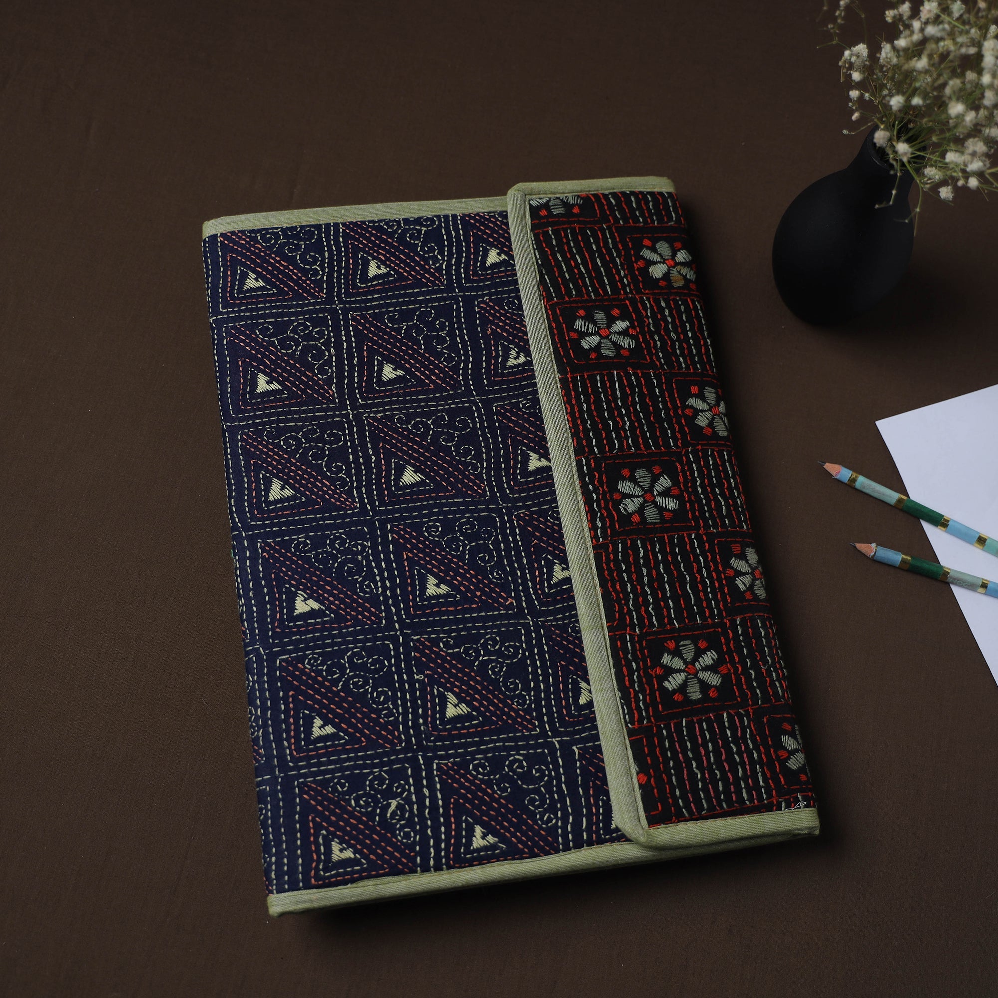 Blue - Handcrafted Bengal Kantha Work File Folder 38