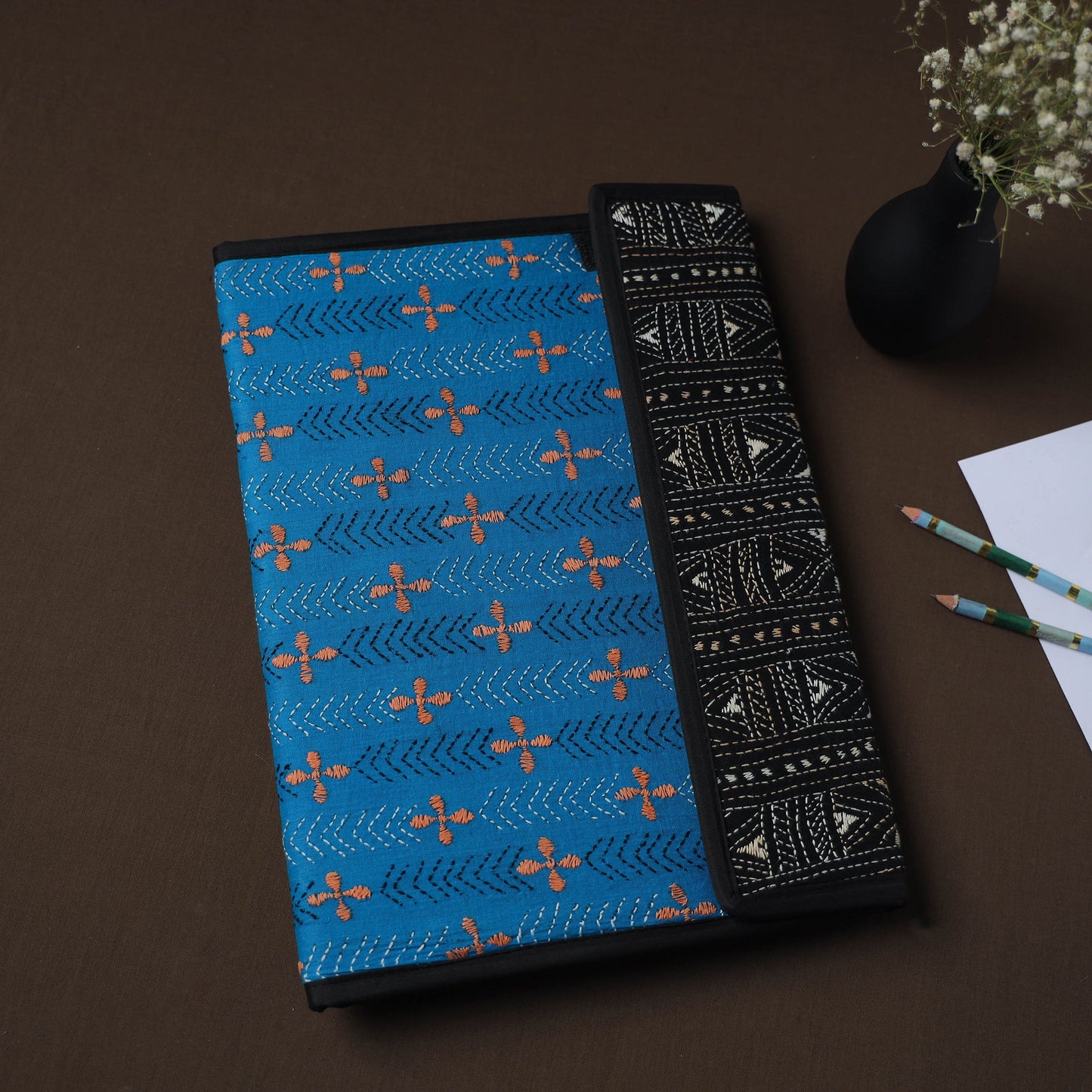 Blue Handcrafted Bengal Kantha Work File Folder