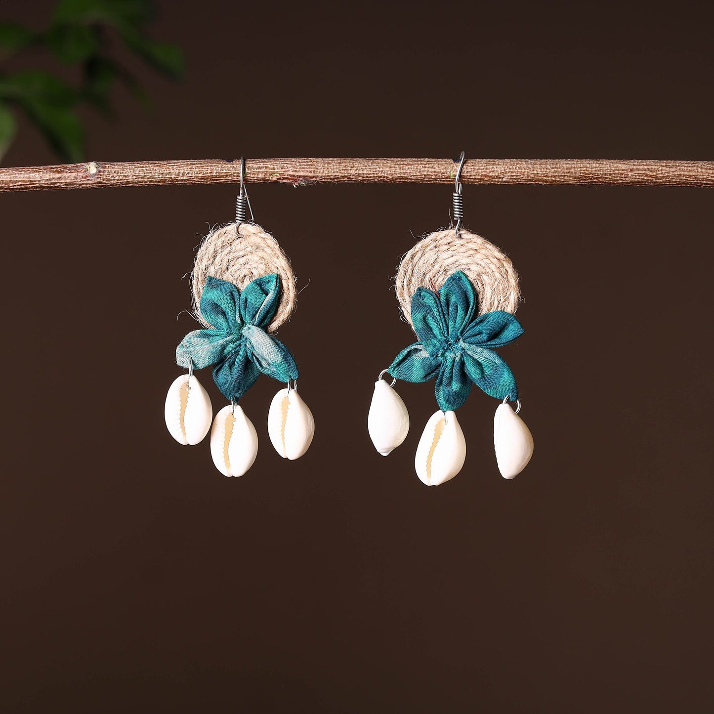 Buy Handcrafted Jute Phool Kali Shell Earrings