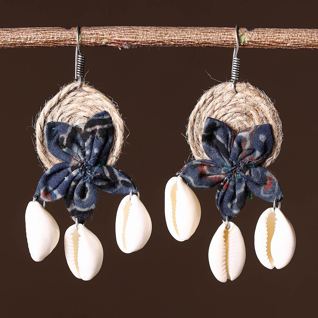 Buy Handcrafted Jute Phool Kali Shell Earrings