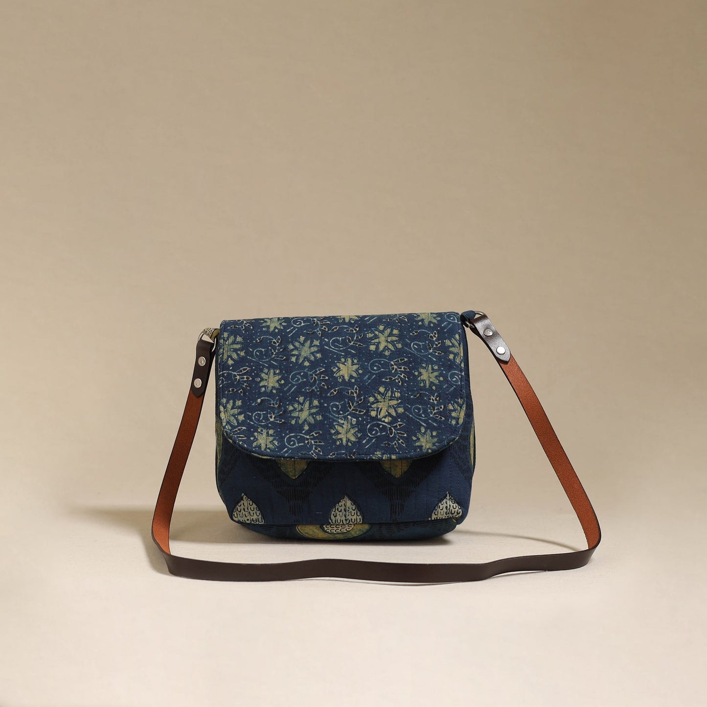 Handcrafted quilted ajrakh block printed fabric sling bag