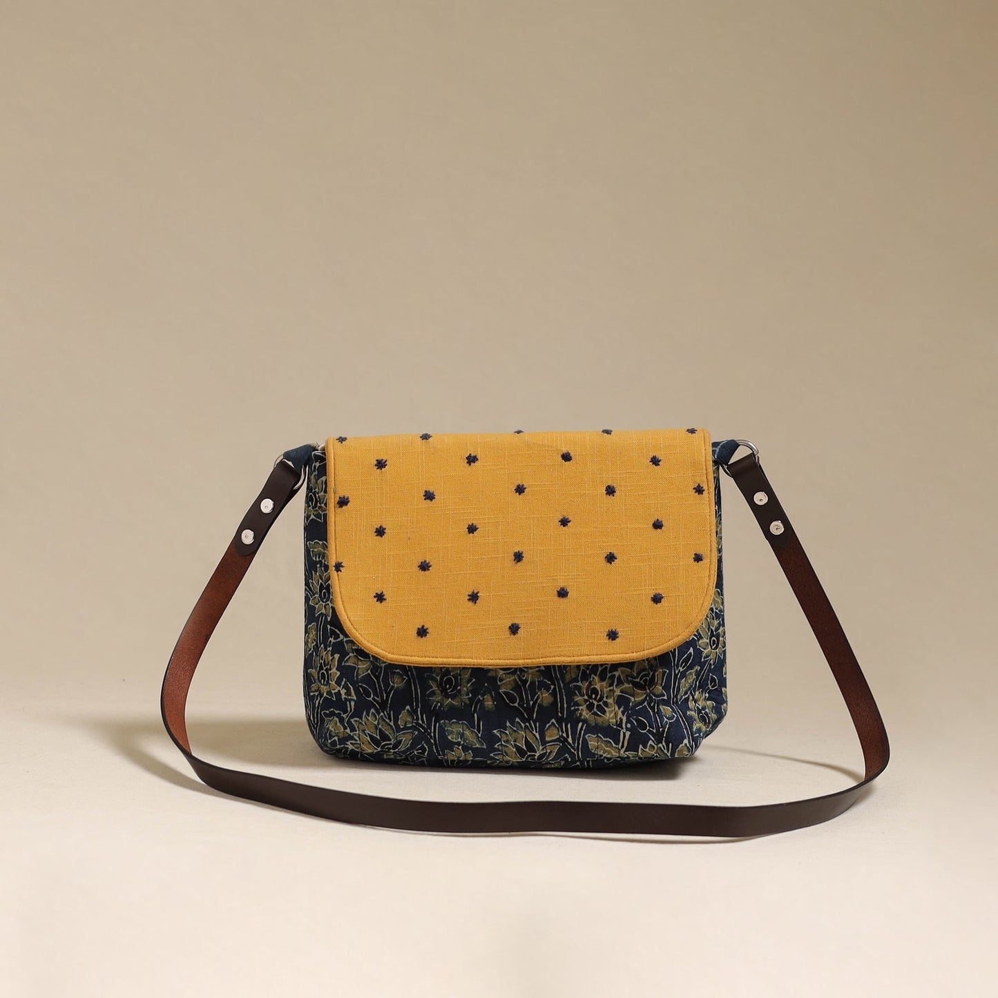Handcrafted quilted ajrakh block printed fabric sling bag