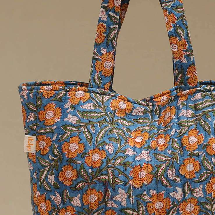 Handcrafted quilted sanganeri block printed fabric tote bag