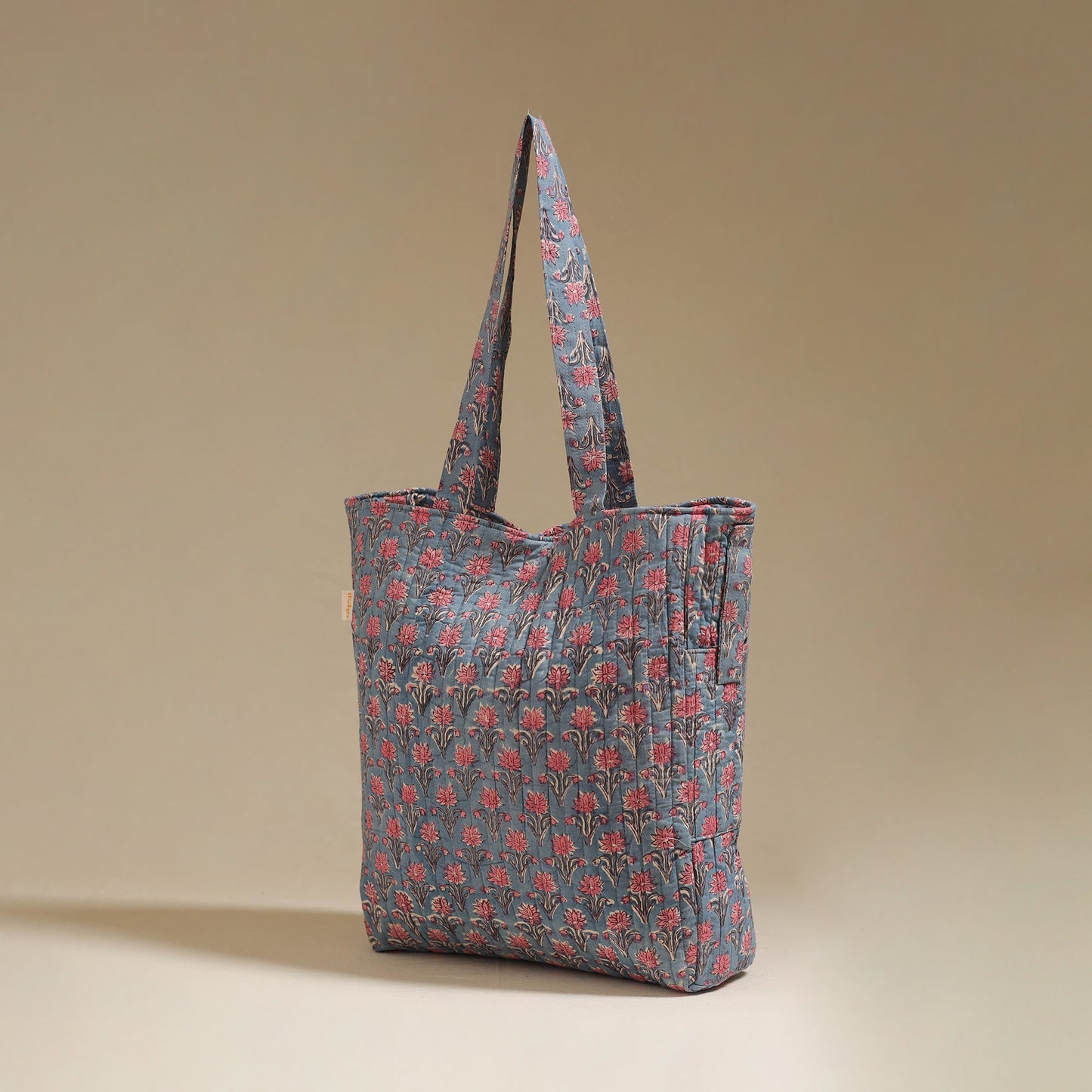 Handcrafted quilted sanganeri block printed fabric tote bag
