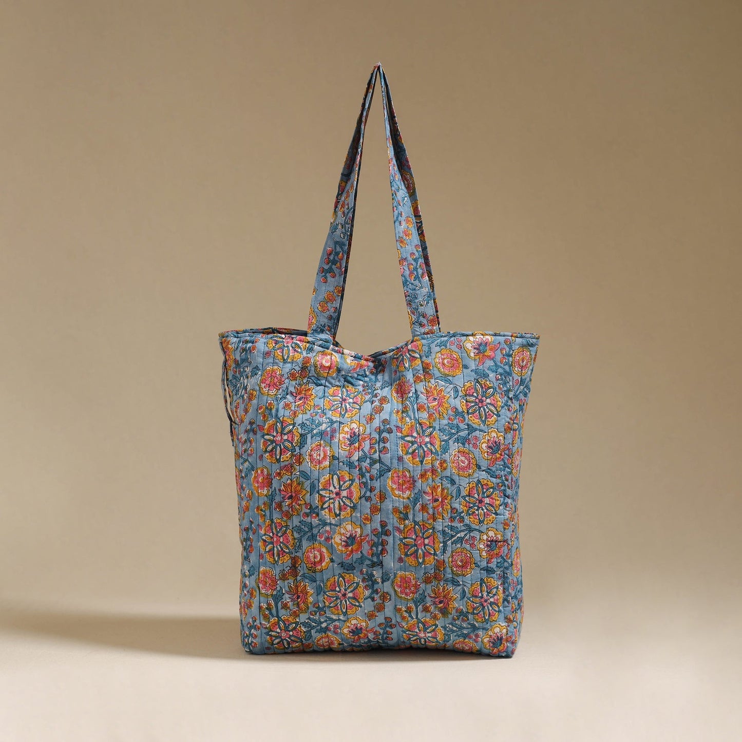 Handcrafted quilted sanganeri block printed fabric tote bag