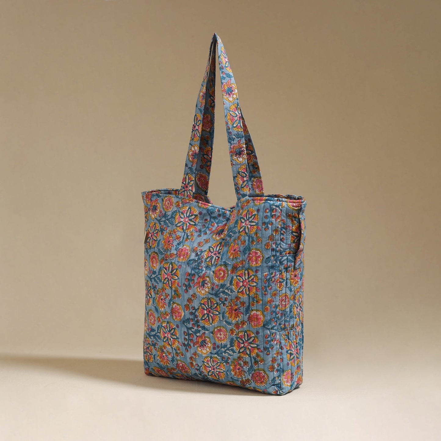 Handcrafted quilted sanganeri block printed fabric tote bag