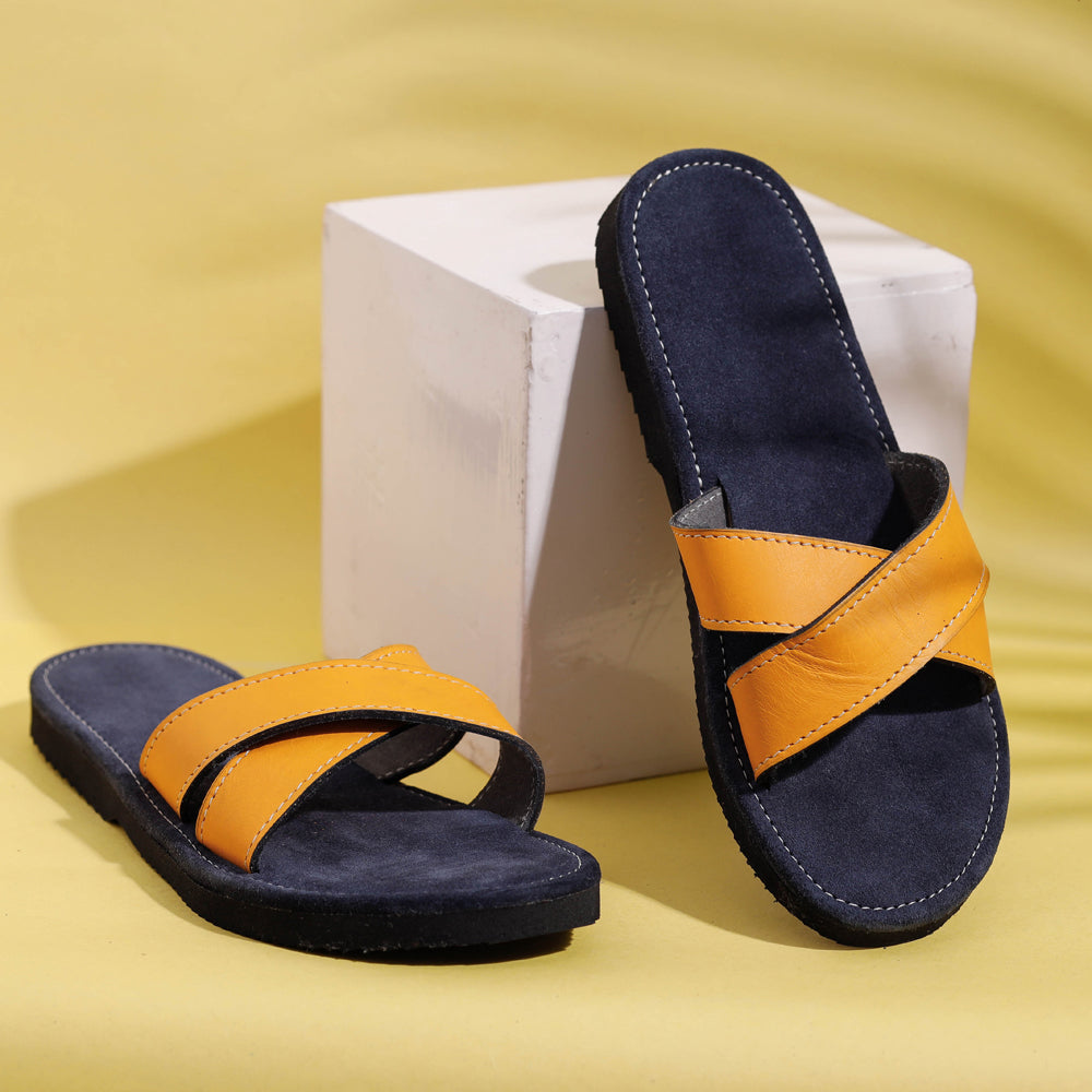 Blue Handcrafted Women's Leather Slippers with Suede