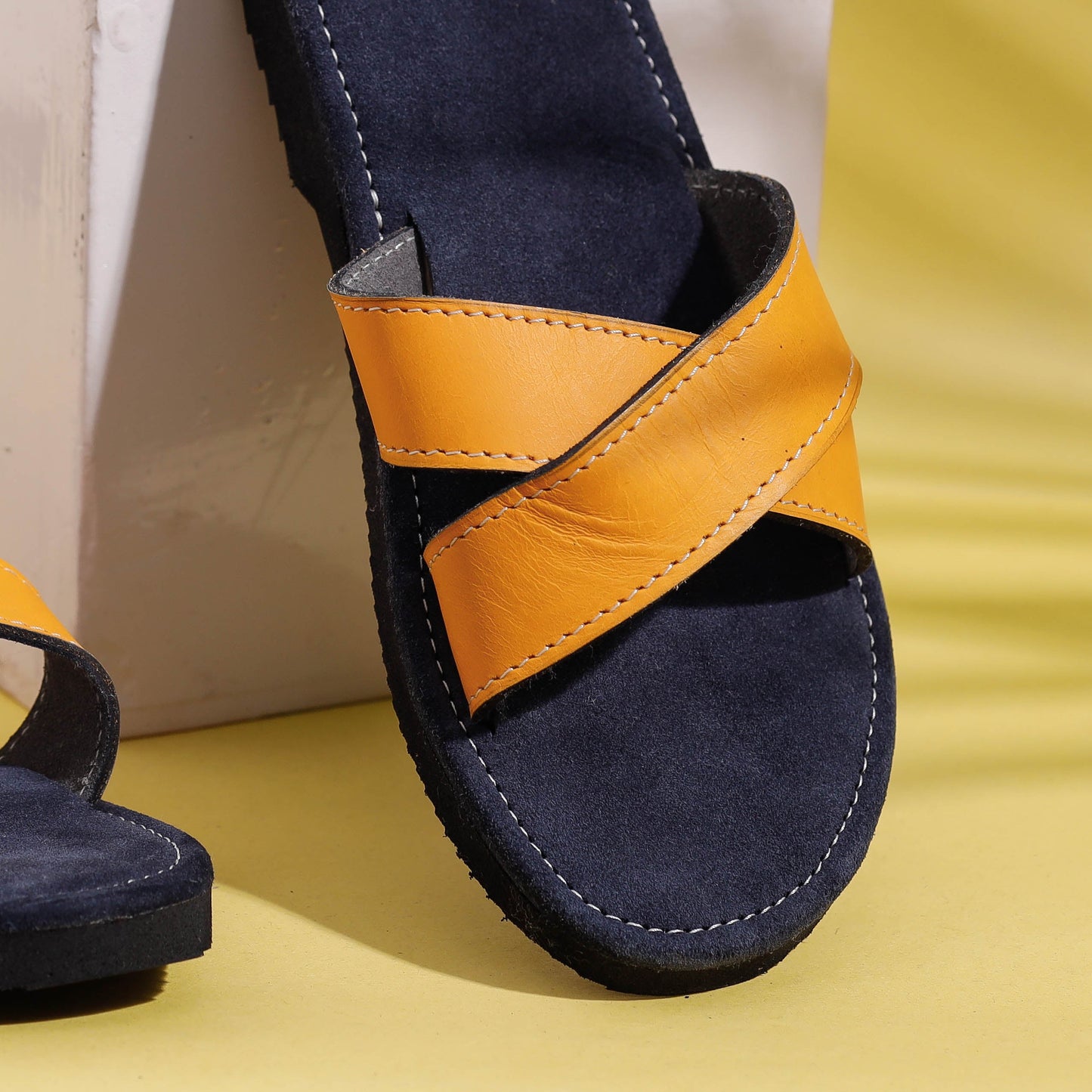 Blue Handcrafted Women's Leather Slippers with Suede