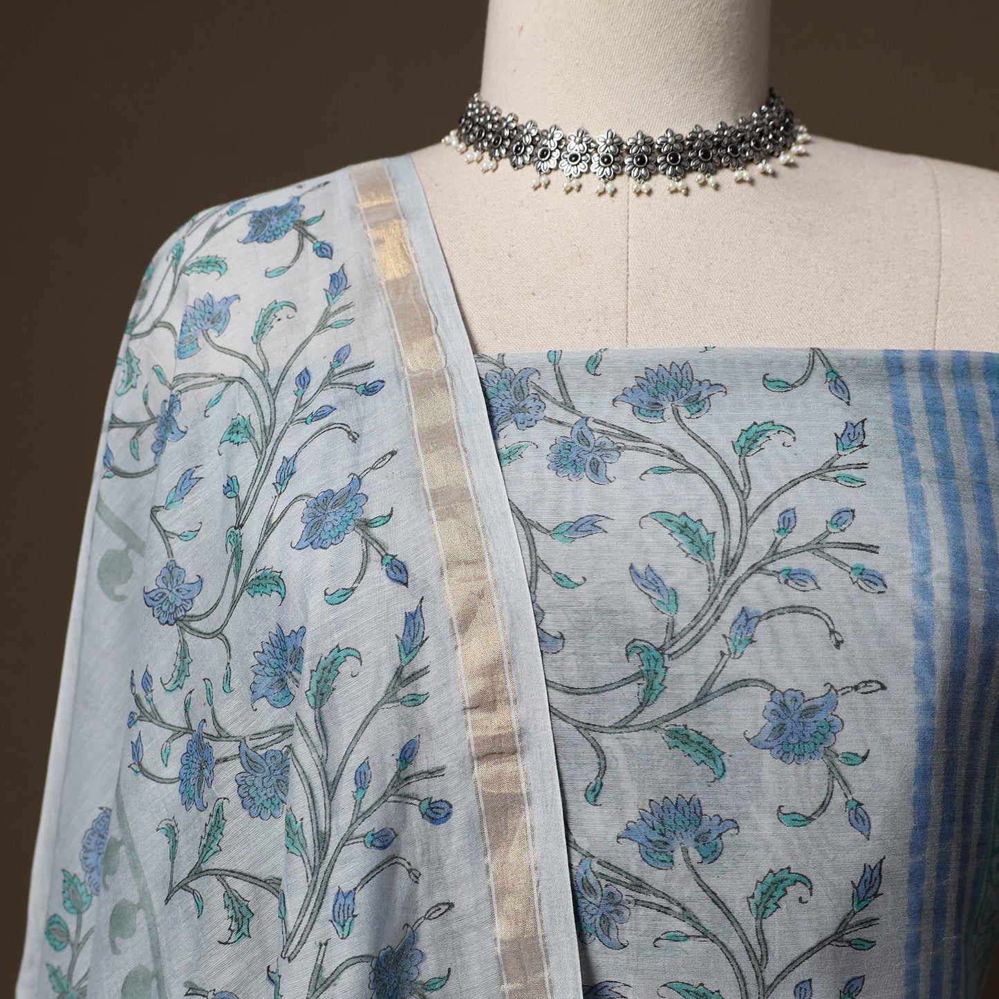 Handloom chanderi silk block print sanganeri 3pc unstitched