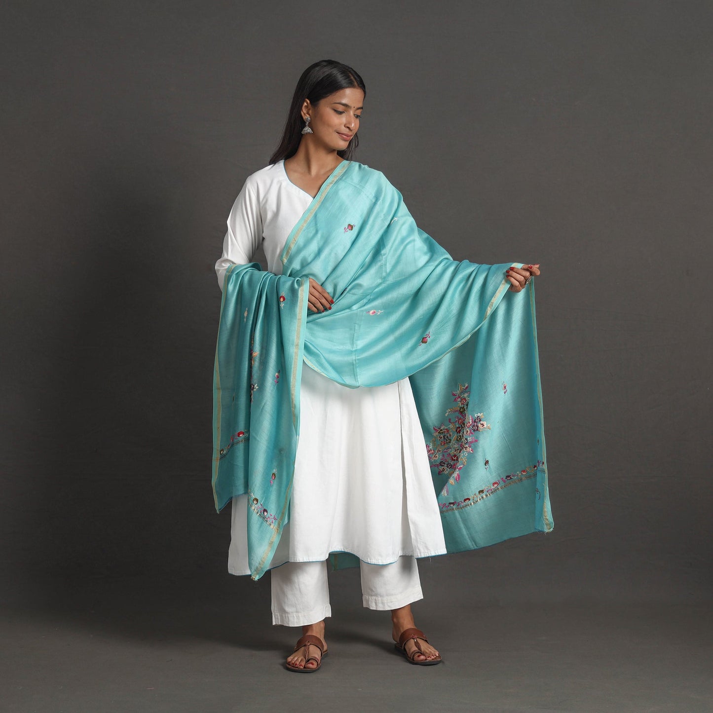 Blue - handloom chanderi silk kashida embroidery dupatta 03